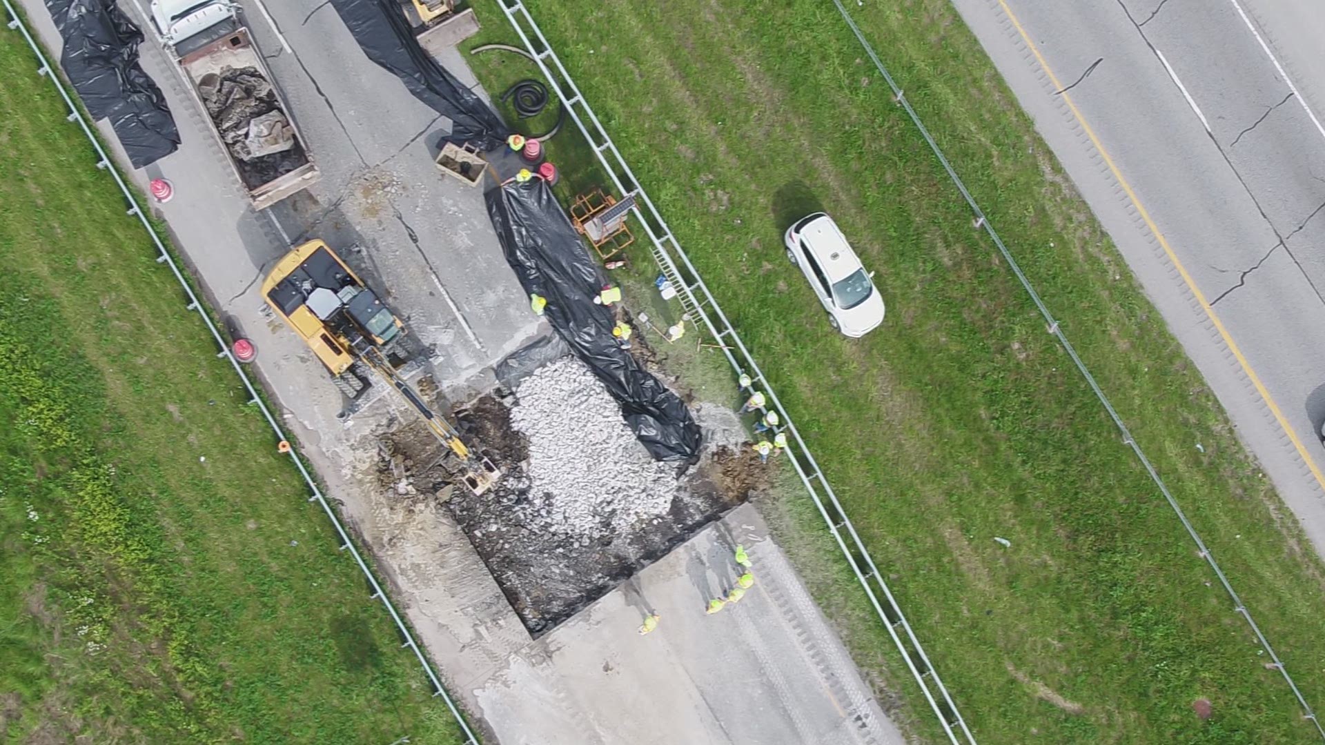 Officials closed I-265 between Charlestown Road and I-65 so crews could repair a sinkhole that was found early on Wednesday, May 22, 2019.