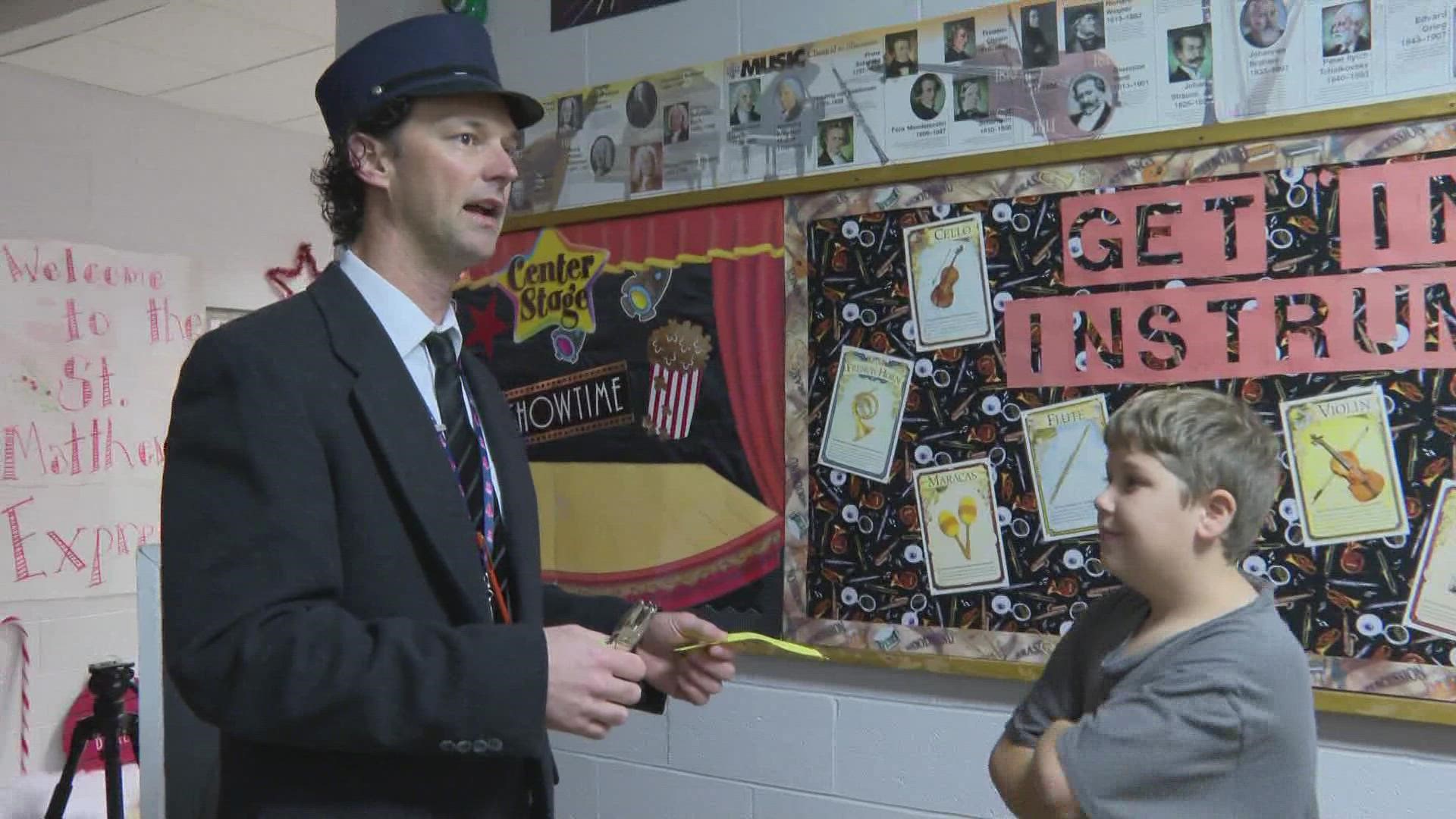 Dressed in their pajamas, students were surprised with a magical hallway. Their principal dressed as the train conductor in "The Polar Express" too.