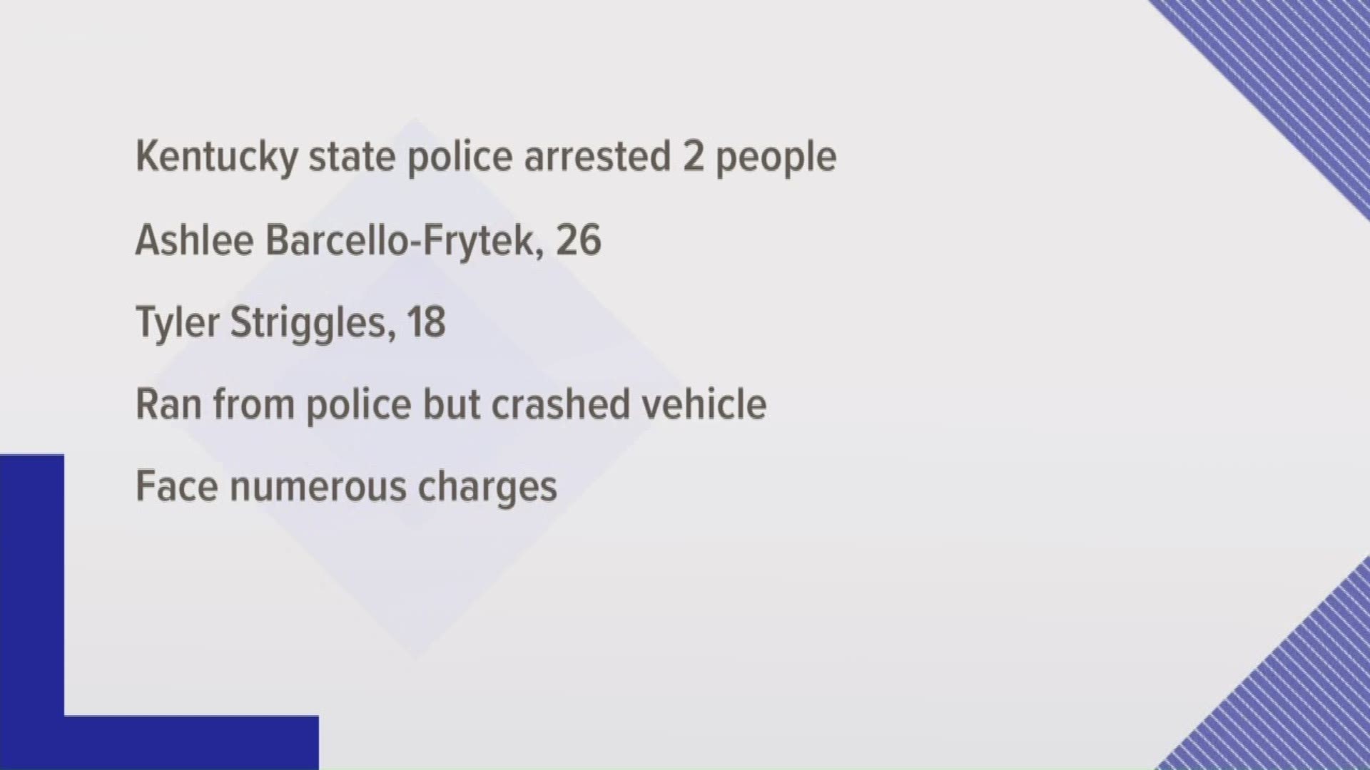 The two people in the fleeing vehicle arrested were identified as Fort Lauderdale, Fla. residents 26-year-old Ashlee Barcello-Frytek and 18-year-old Tyler Striggles.