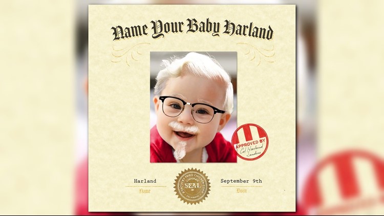 KFC contest giving $11K to parents who name baby 'Harland' KFC contest giving $11K to parents who name baby 'Harland'