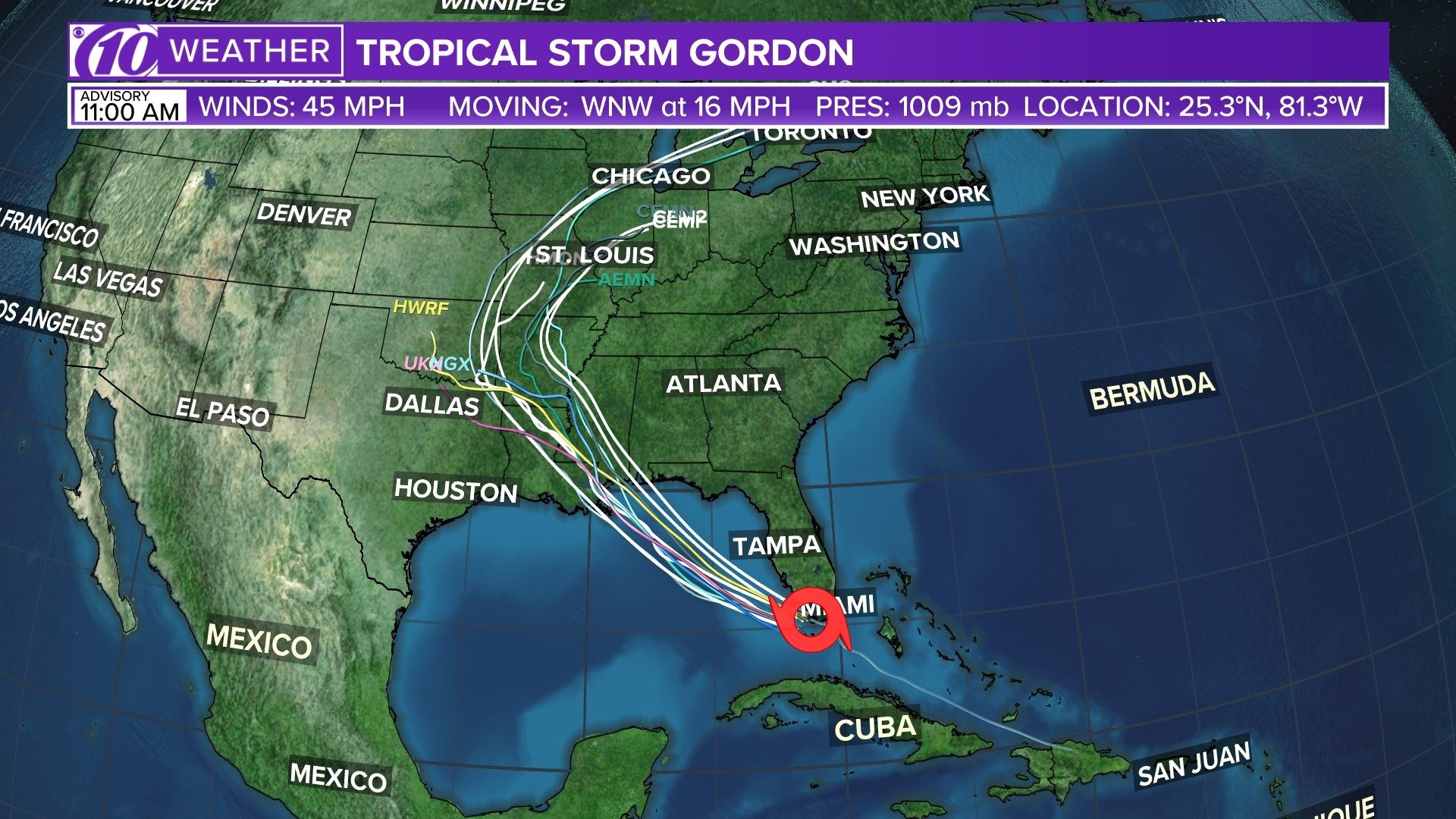 Track Tropical Storm Gordon Spaghetti models, forecast cone and