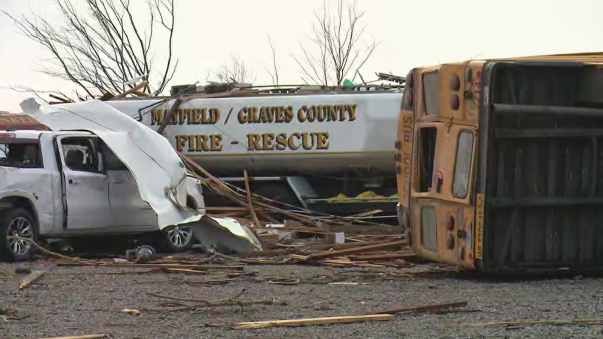 Widespread damage is seen in Mayfield, Kentucky, after a massive tornado ripped through the town on December 11.