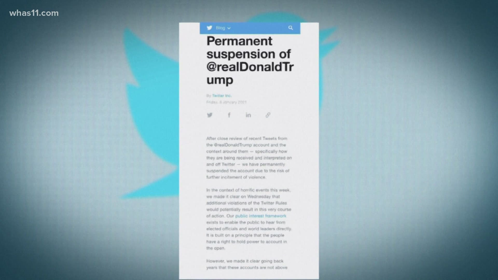 'Due to the risk of further incitement of violence,' Twitter said it has suspended President Trump's personal account.