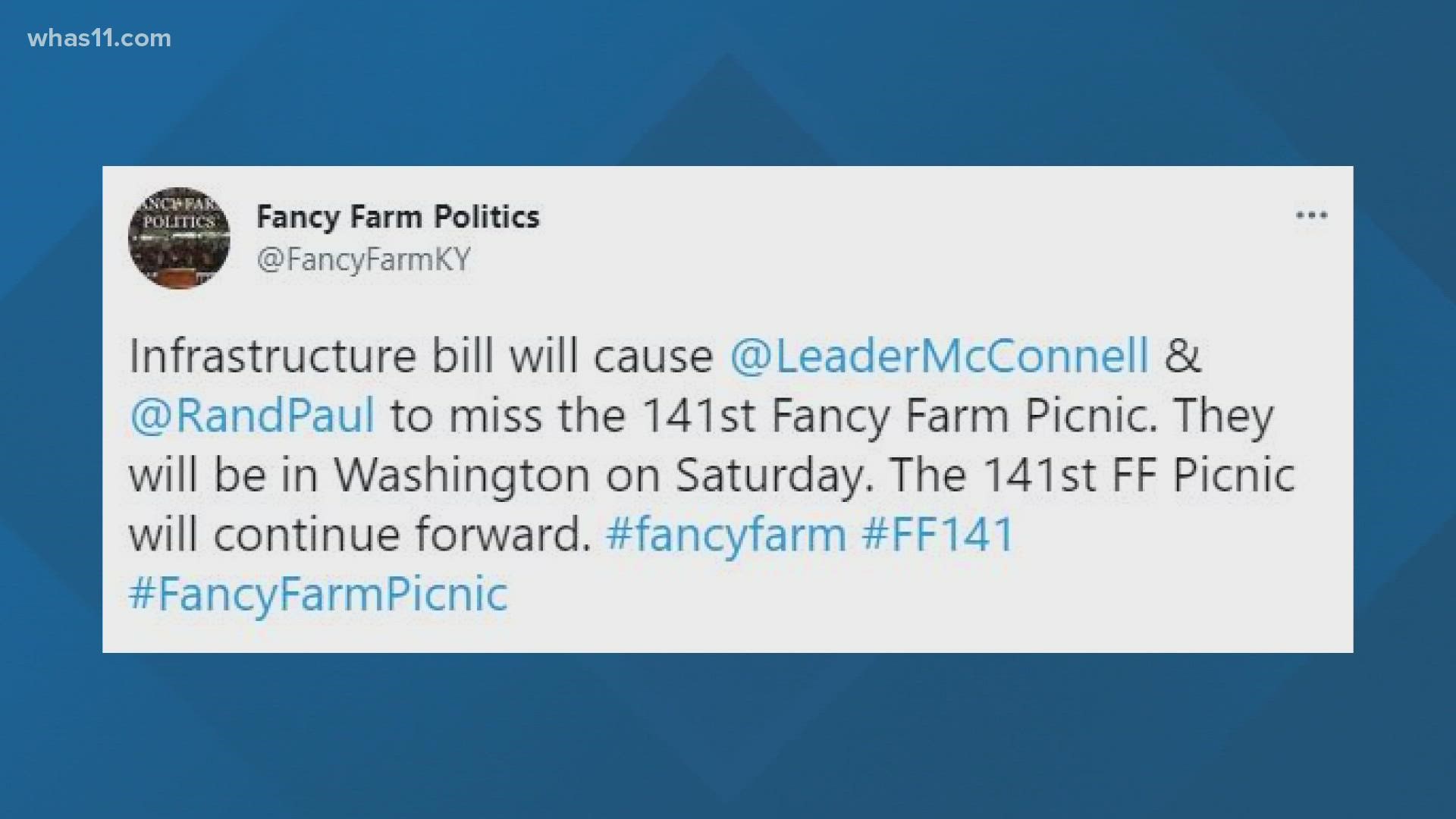 According to a tweet from Fancy Farm Politics, the “infrastructure bill will cause [Senator McConnell] and [Senator Paul] to miss the 141st Fancy Farm Picnic.”