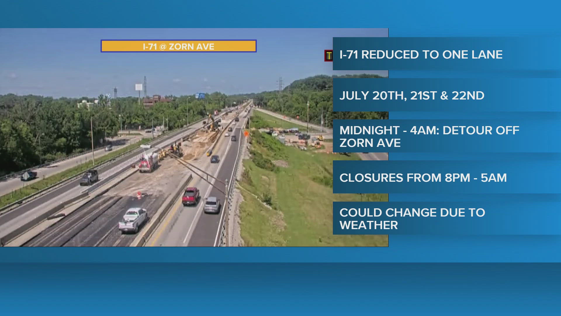 I-71 N temporarily reduced to one lane during upcoming overnight