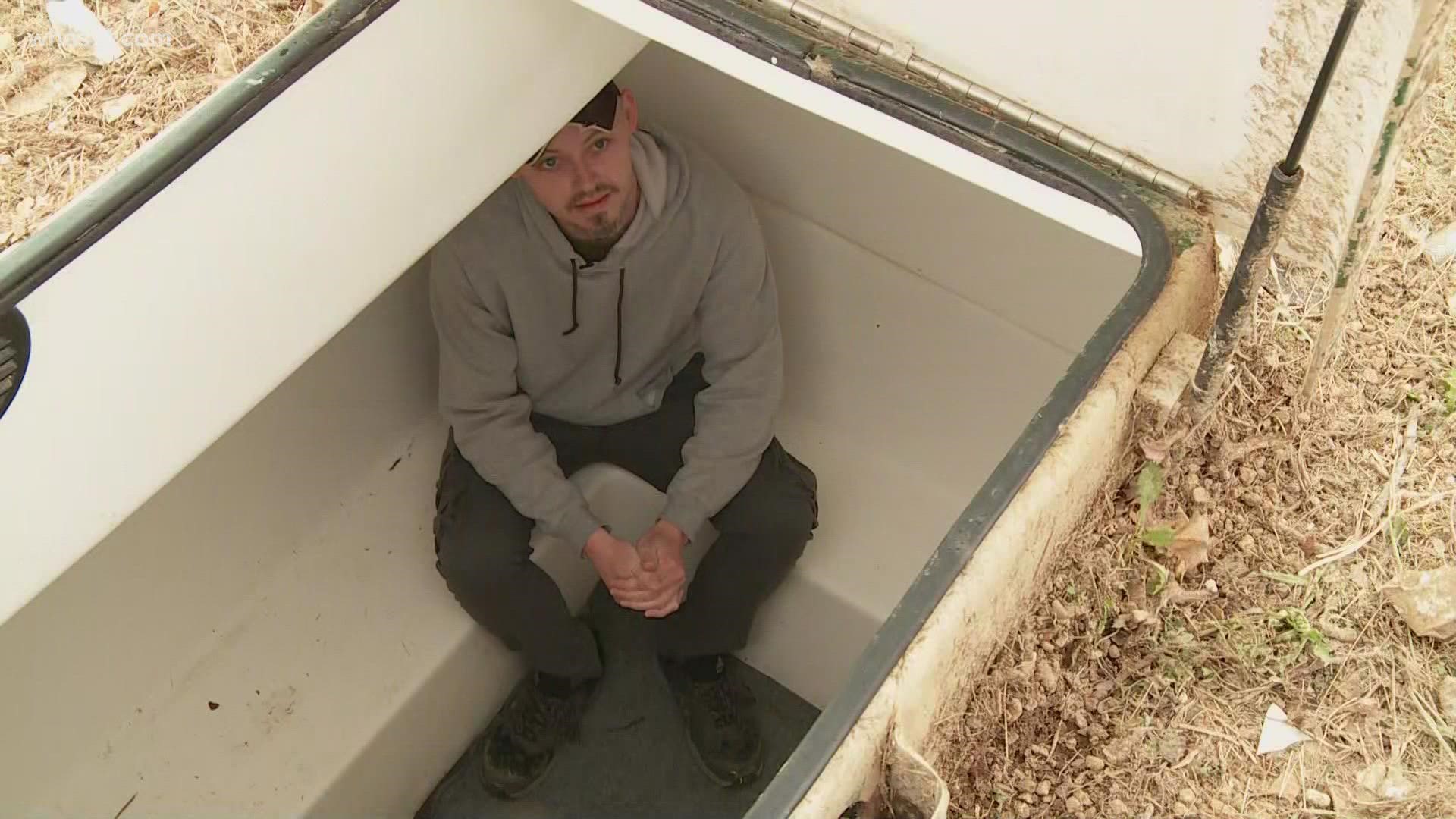 The family invested in the pre-fab storm shelter 10 years ago. The shelter is 10 feet underground and 12 feet wide.