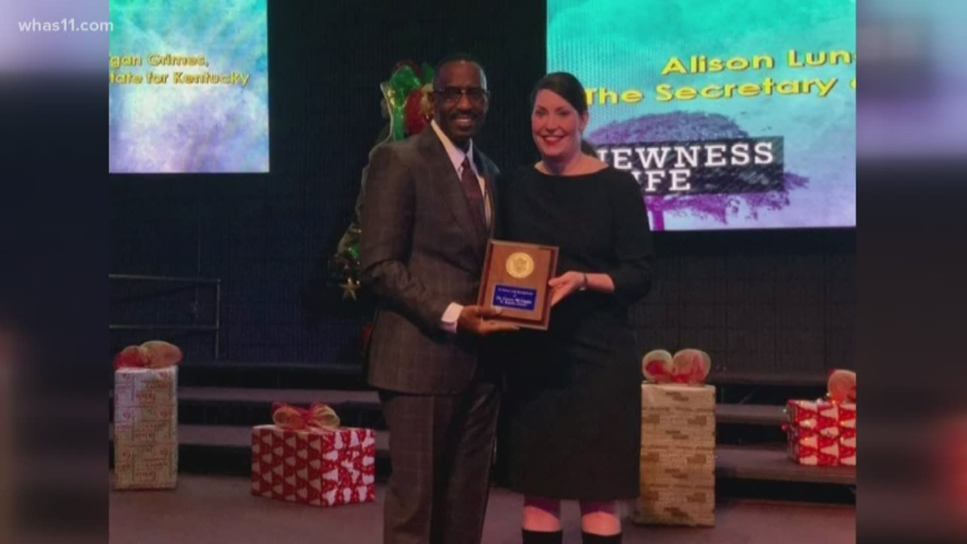 Reverend Kevin Cosby received the Medallion award from Alison Lundergan Grimes, her last as Secretary of State.