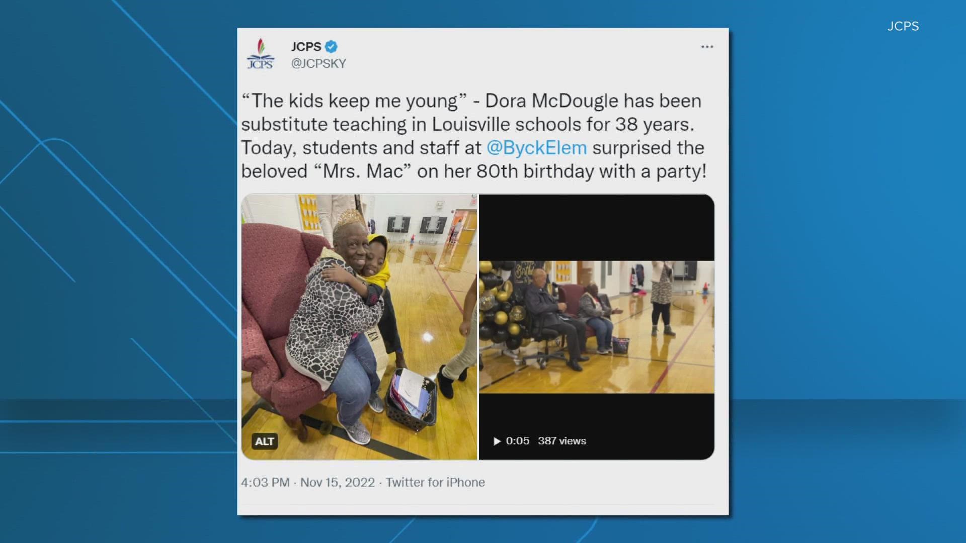 Dora McDougle, or "Mrs. Mac," turned 80 years old and has subbed in west Louisville schools for the last 38 years.