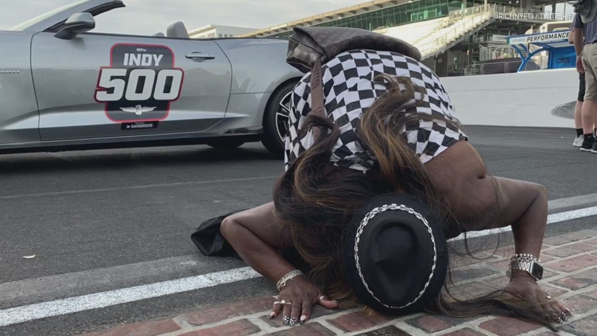 Indy 500 president let Robin Matthews kiss the bricks of the speedway after her car had to be towed.