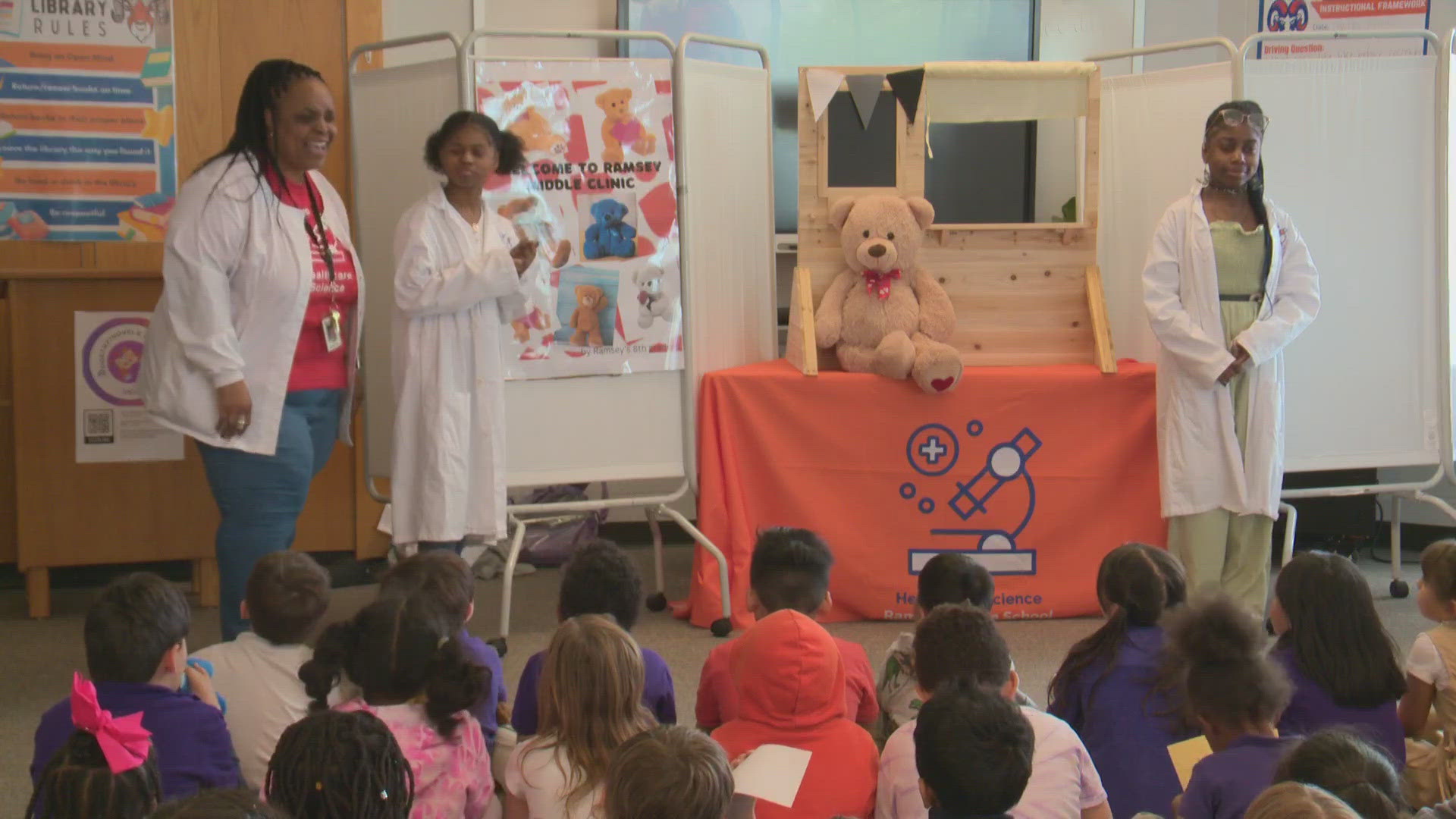 Ramsey Middle School students held a Teddy Bear Clinic to demonstrate normal medical treatments on their favorite stuffed animals.