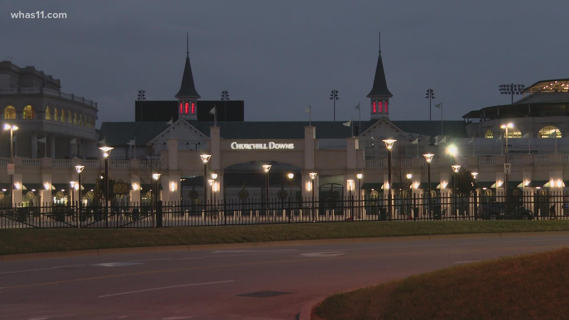 Twin Spires lit with a red glow in support of the University of Louisville women's basketball who are in the Final Four for the first time since 2018.