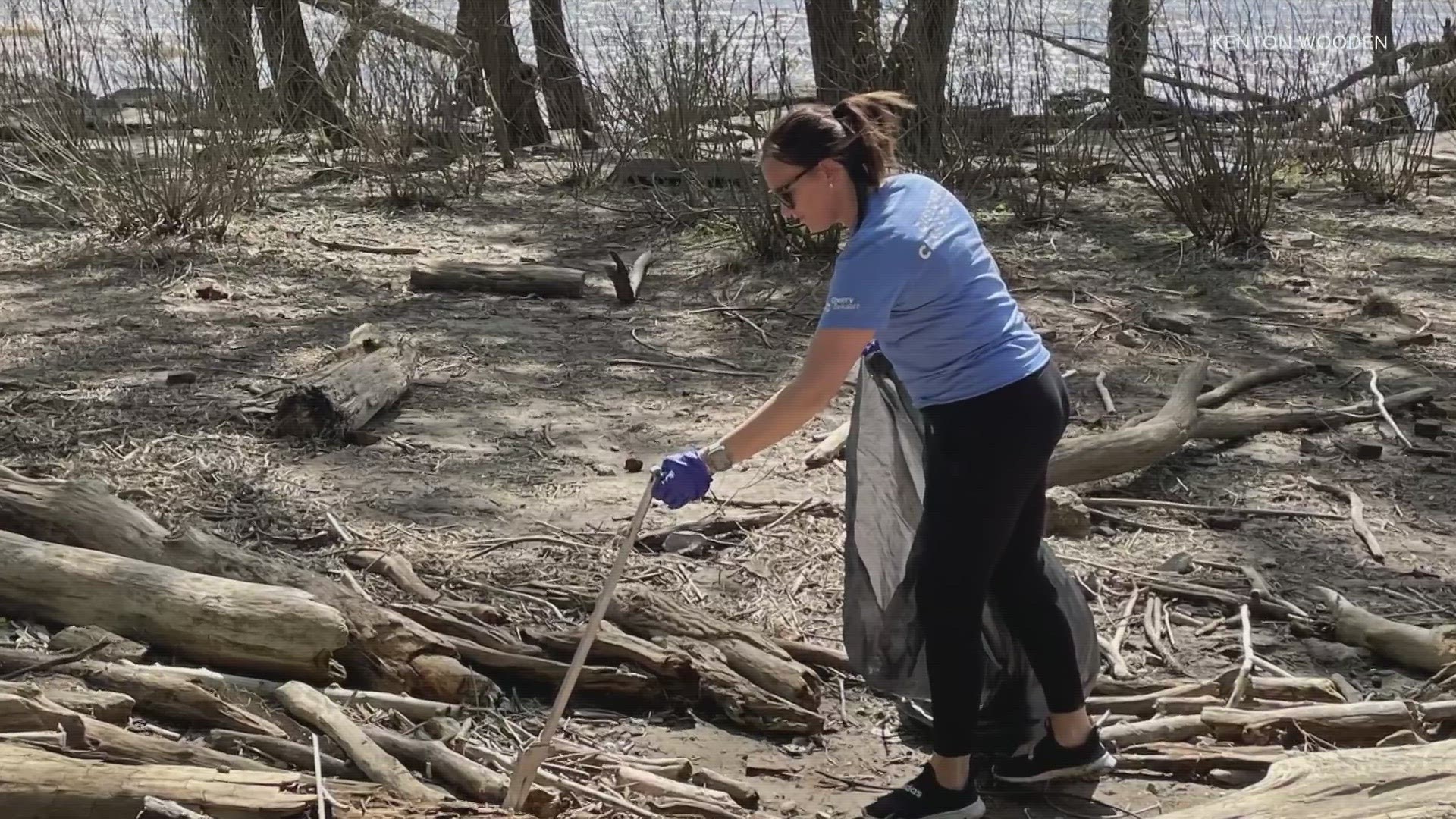 Volunteers helped clean up trash and debris from the falls during Earth Day celebrations.