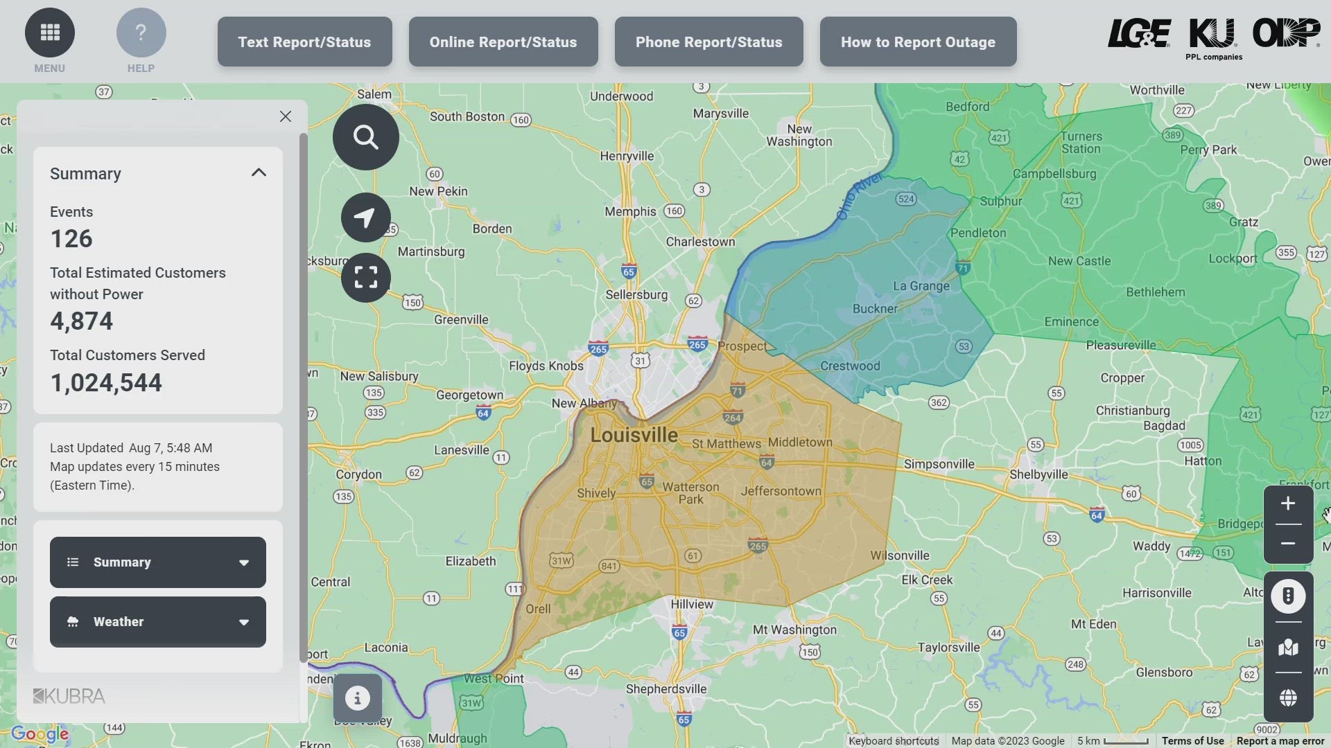 As of 6:30 a.m. on Monday, about 6,500 LG&E customers are without power in Kentucky and 13,400 Duke Energy customers in Indiana don't have power.