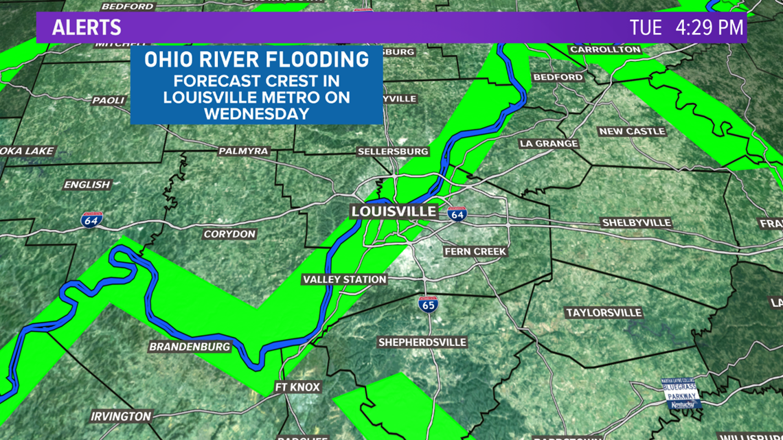 The Ohio River is expected to crest in the Louisville area into the mid