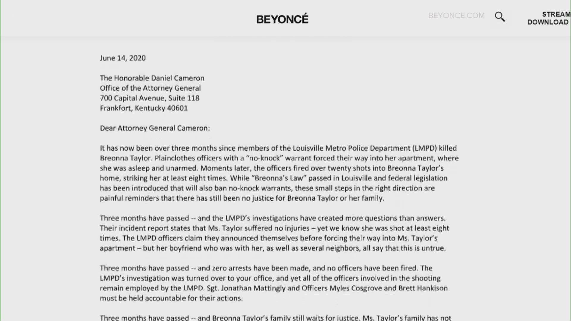 In an open letter to Kentucky Attorney General Daniel Cameron, Beyonce asks Cameron to file charges against the officers.