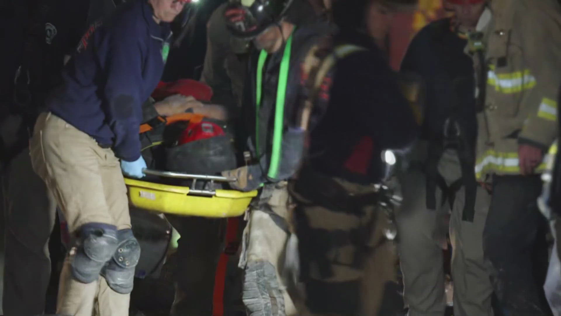 First responders transported the dust-covered construction worker to the hospital around 8:30 p.m.