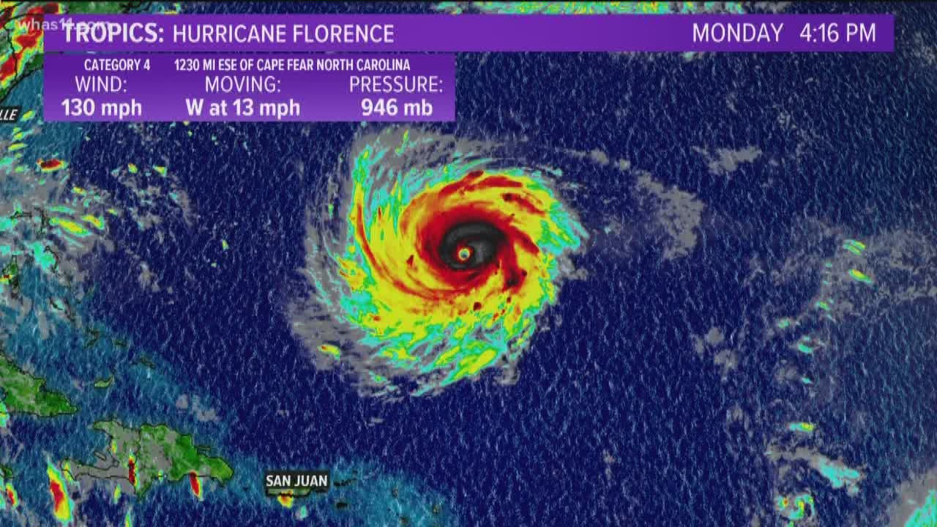 Here's the latest on Hurricane Florence. Now a Category 4 hurricane in the Atlantic Ocean.