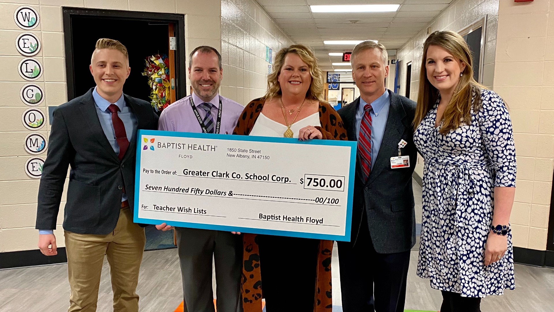 Cristie Haire is a teacher at Jonathan Jennings Elementary in Charlestown. Baptist Health Floyd and surprised her with a big check on live TV.