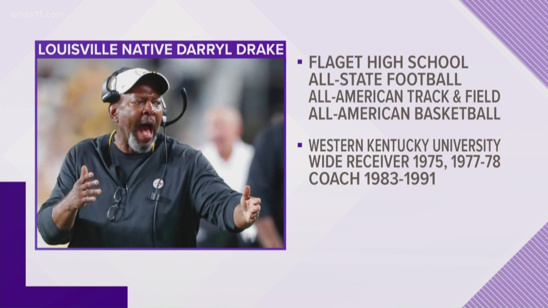 Officials with the Pittsburgh Steelers says Louisville native and wide receivers coach Darryl Drake passed away Sunday.