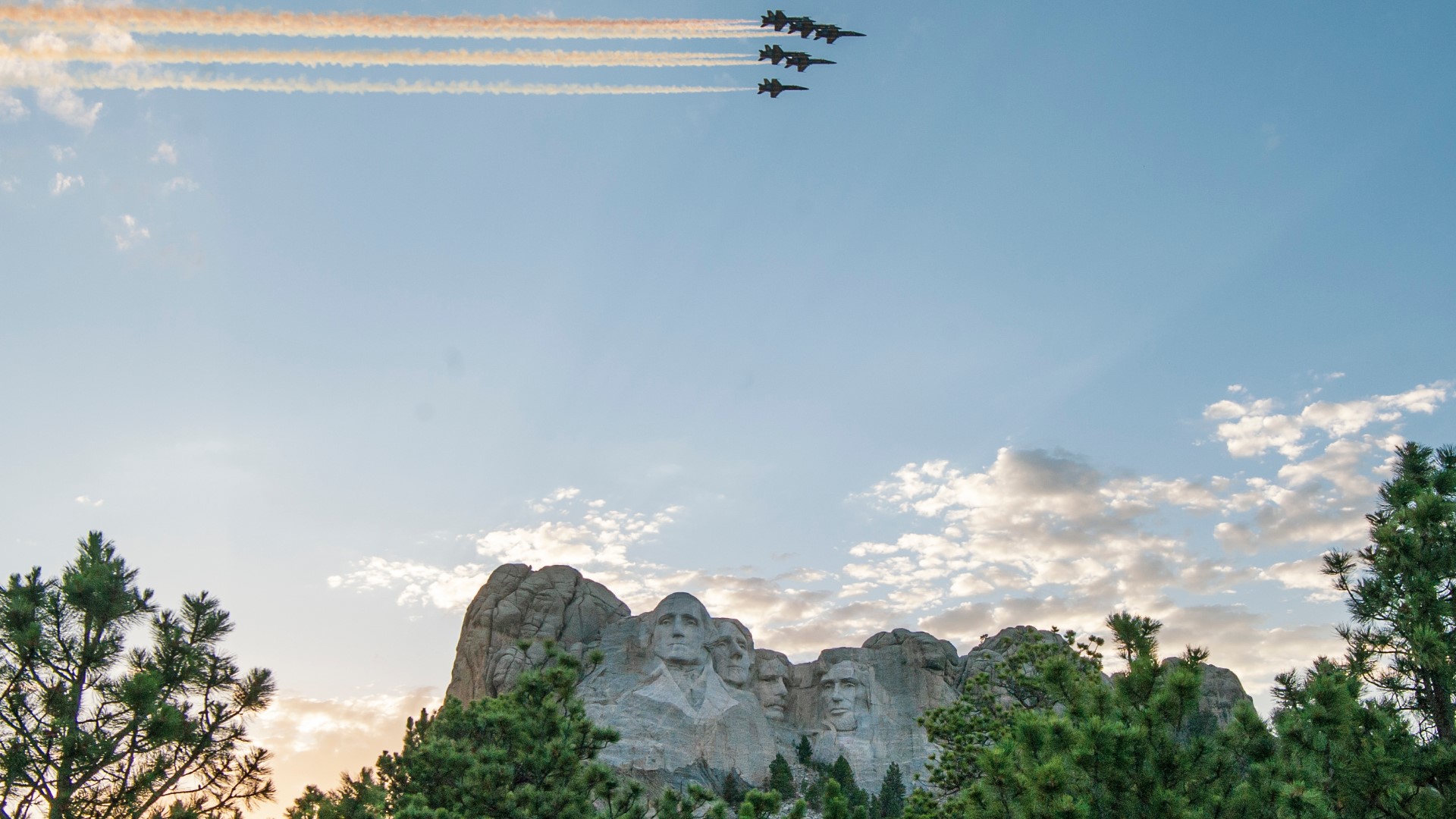 Blue Angels F-18 Hornets fly over Mount Rushmore during a Salute to America celebration hosted by officials in South Dakota on July 3, 2020.