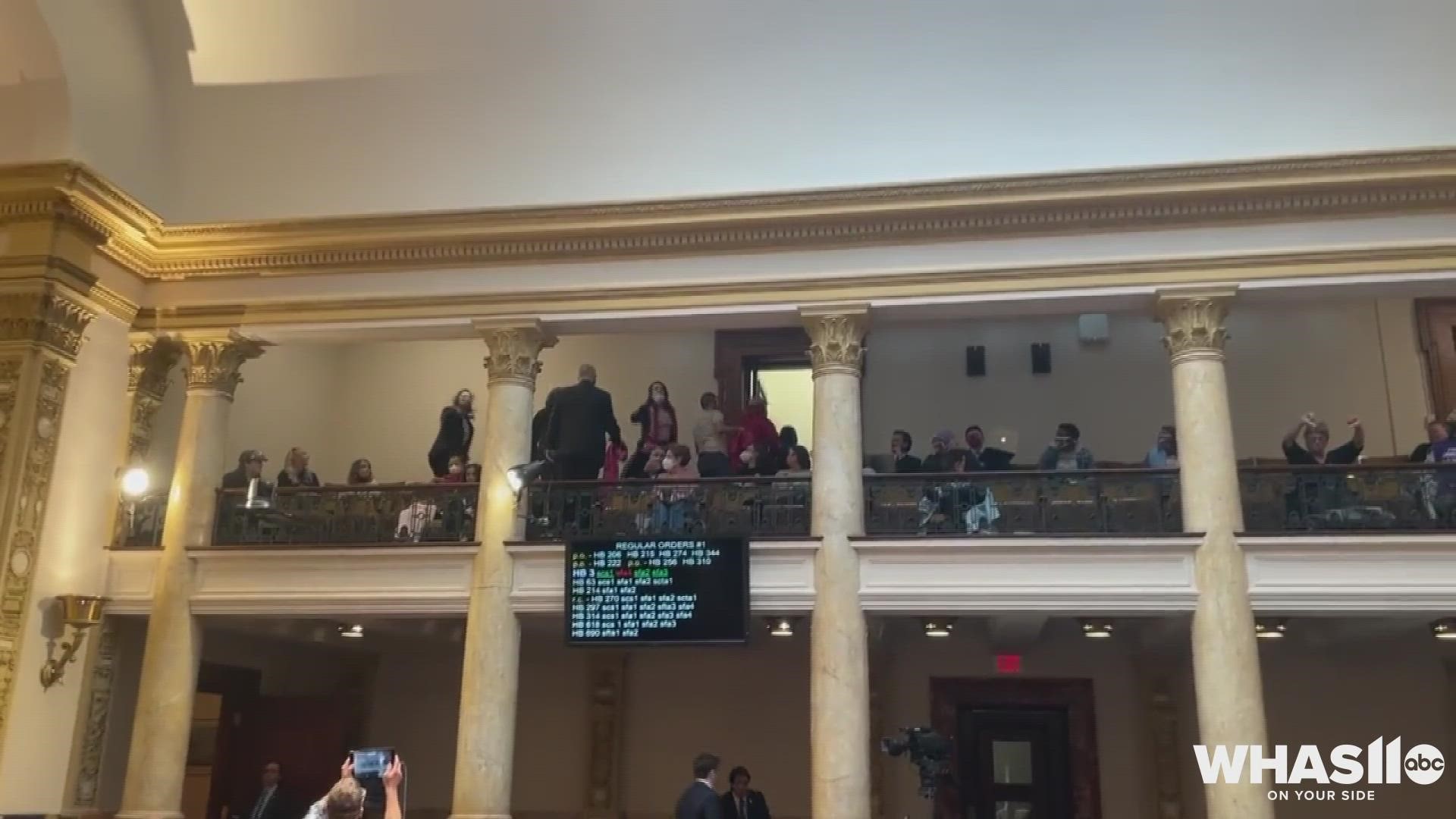 As lawmakers passed a bill restricting medicated abortions, a group of people interrupted the session and had to be removed.