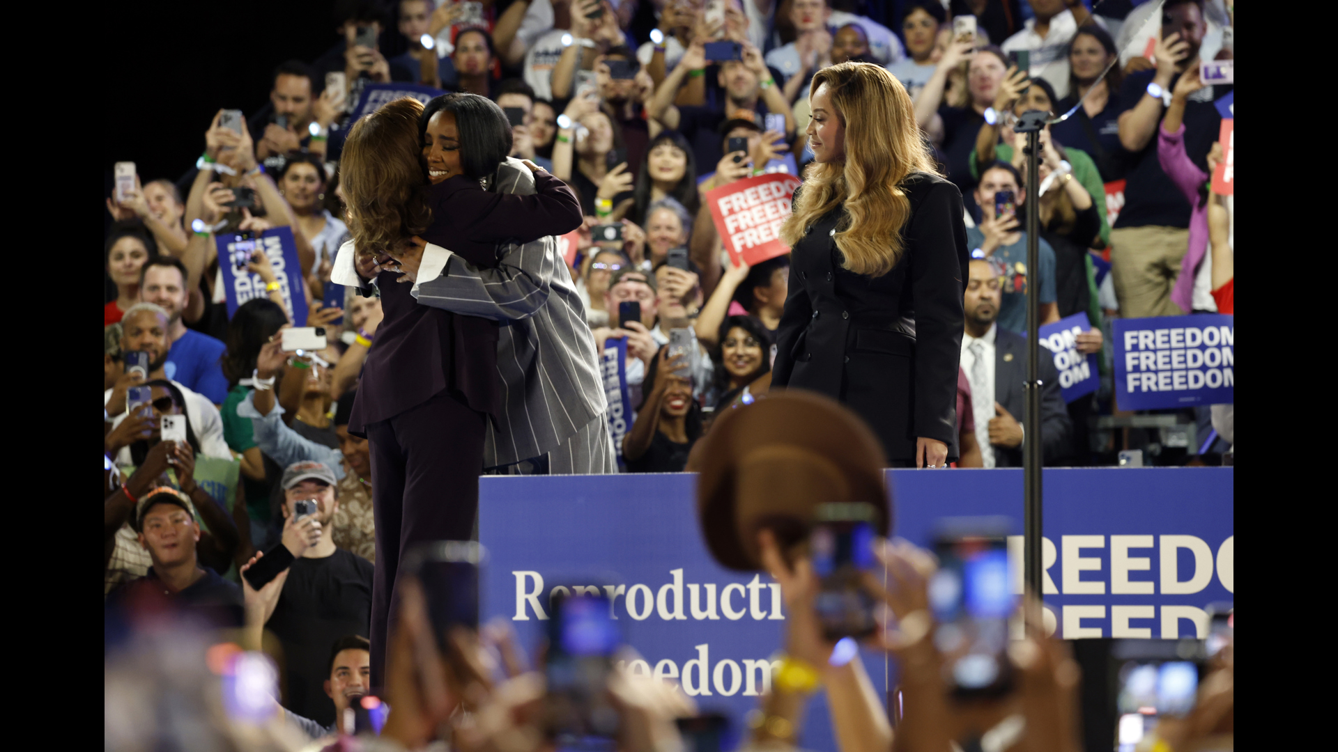 VP Kamala Harris receives support from Beyonce and Kelly Rowland, calling for reproductive freedom while campaigning in Texas.