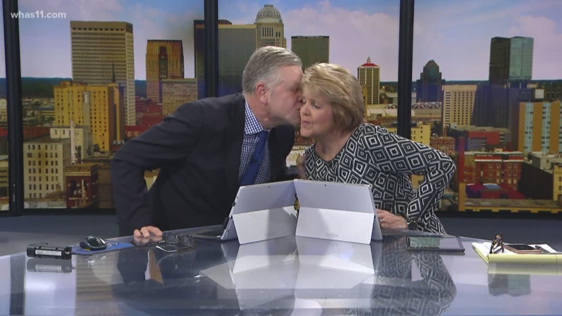 WHAS11 anchors Doug Proffitt and Rachel Platt share a loving moment after Rachel announced her decision to leave local news.