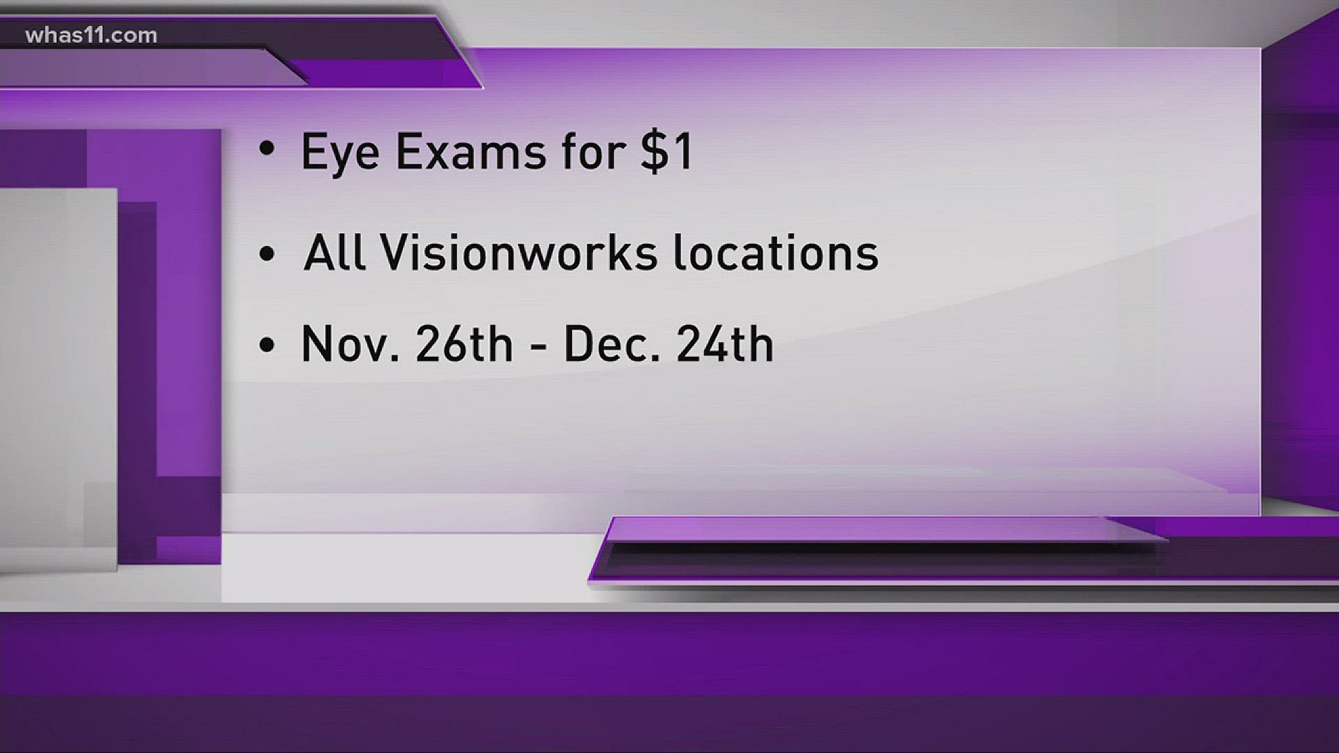 If you've been putting it off or waiting for the right time to get an eye exam -- now is your chance. Visionworks is giving eye exams for just one dollar beginning today. Patients can go to any location in Kentucky or Indiana for the annual event.During