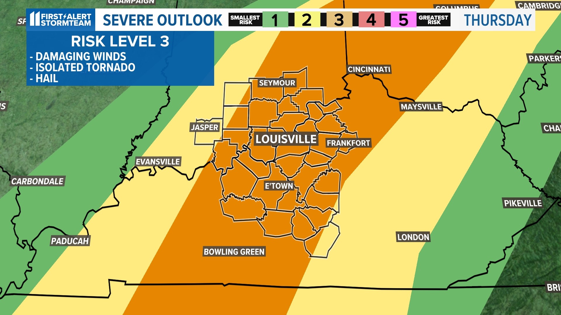 Severe thunderstorms expected in Kentuckiana Thursday morning and afternoon. Here are the main threats.