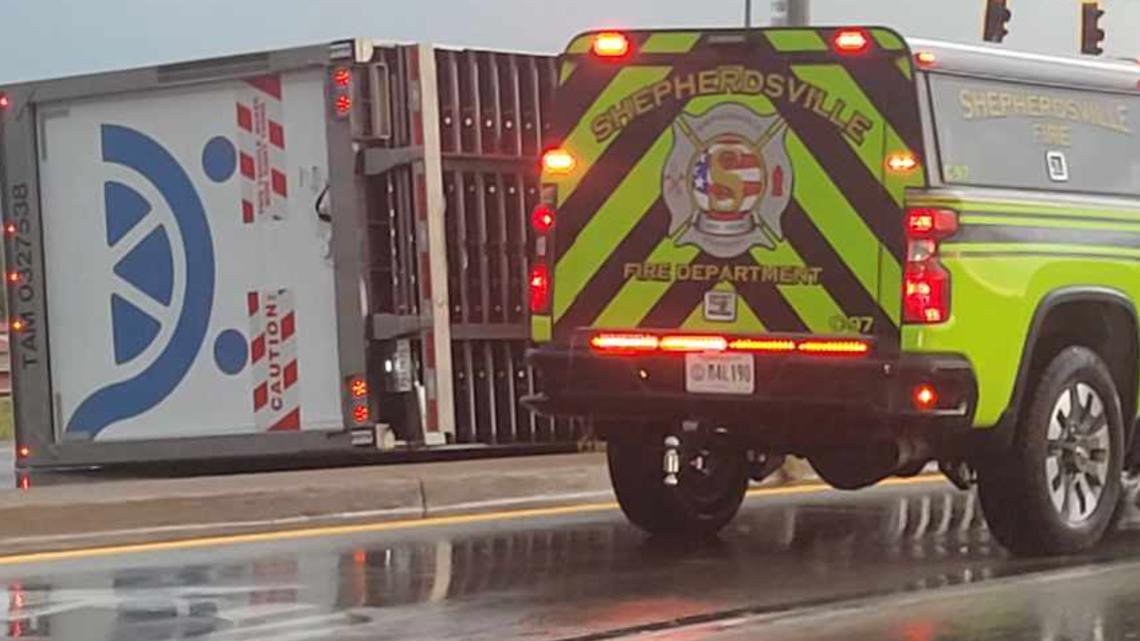 Semi overturns on roadway near Shepherdsville amid strong storm