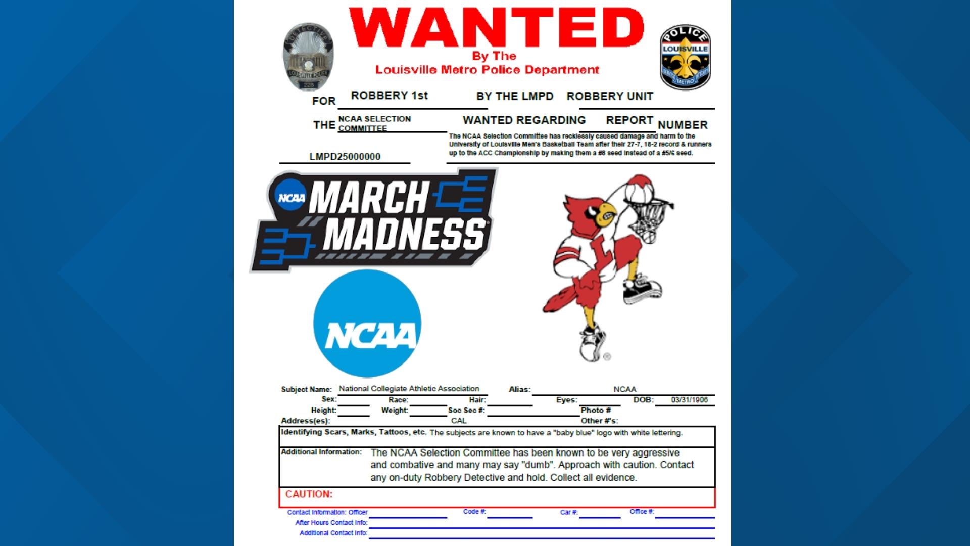 LMPD puts out prank 'wanted poster' for NCAA Selection Committee ...