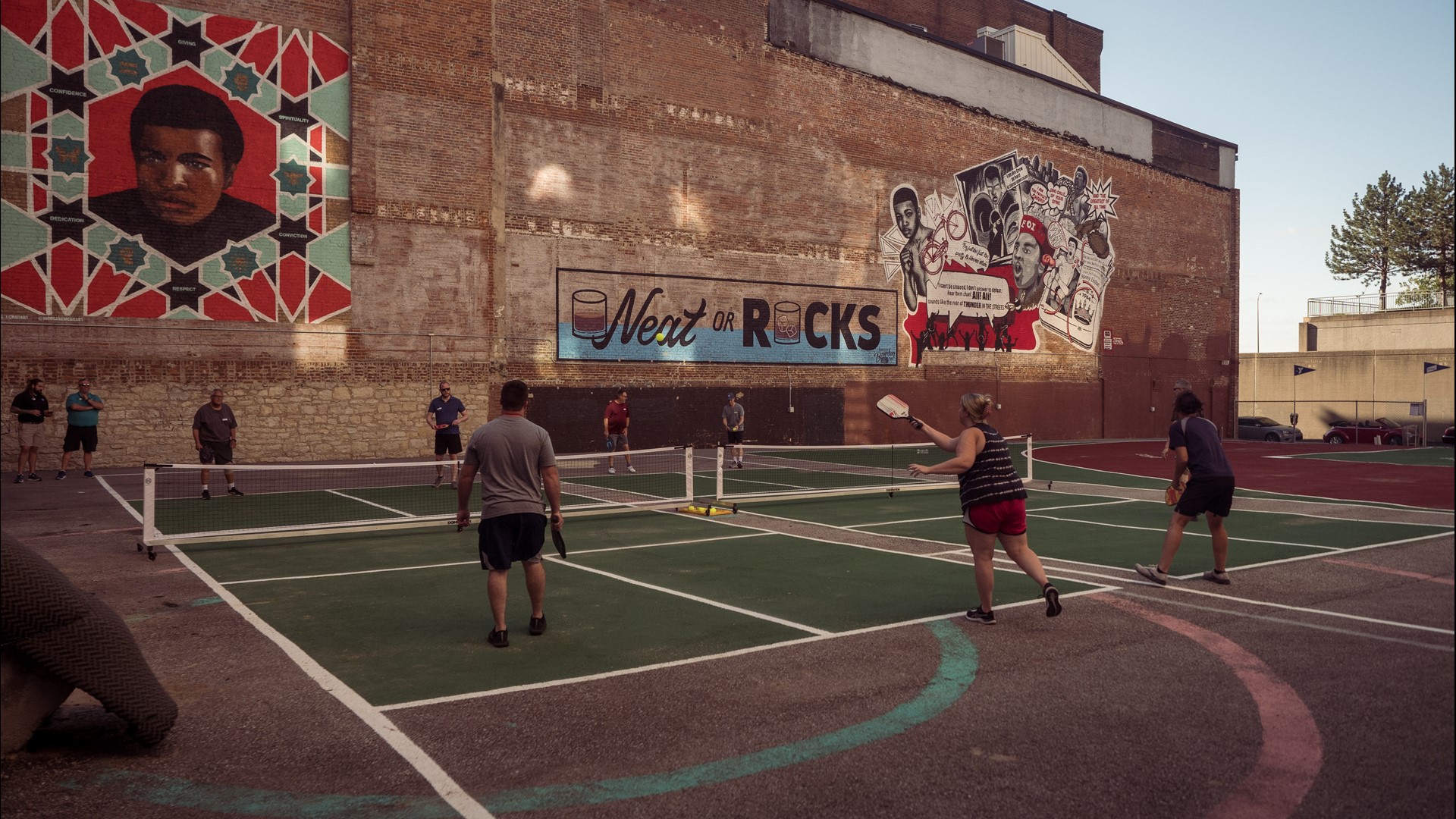 In the past, the lot has been used for temporary or pop-up space; now it holds two regulation-size Pickleball courts and a Wiffle ball field.