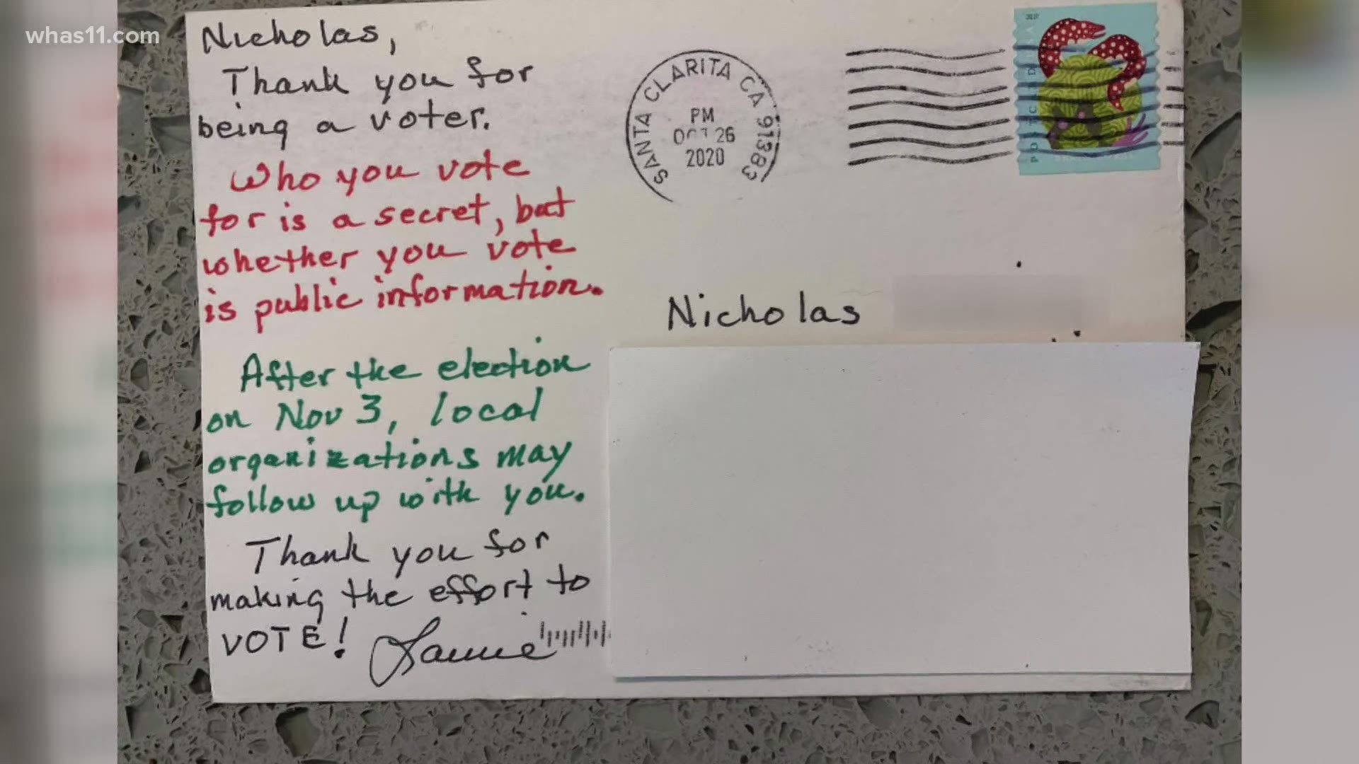Postcards from people who do not live in Louisville have encouraged people to vote, saying 'local organizations may follow up' based on whether you vote or not.