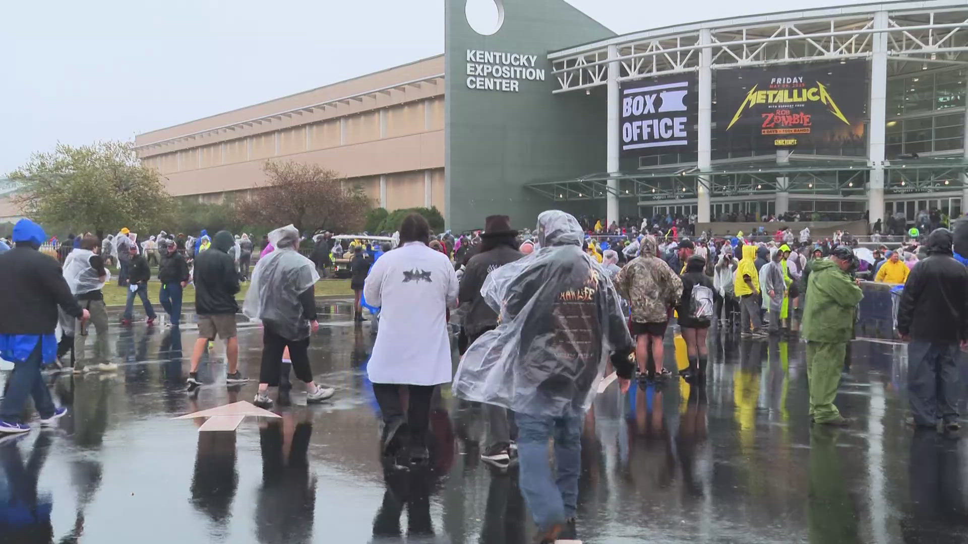 Heavy rain and strong wind pummeled Louisville's fairgrounds where rock fans had hoped to enjoy some music.