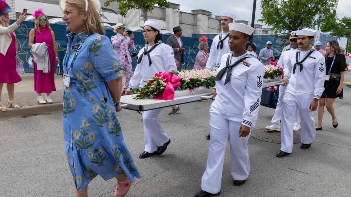 The Garland of Lilies, handcrafted with 150 stargazer lilies, arrives at Churchill Downs under tight security ahead o...