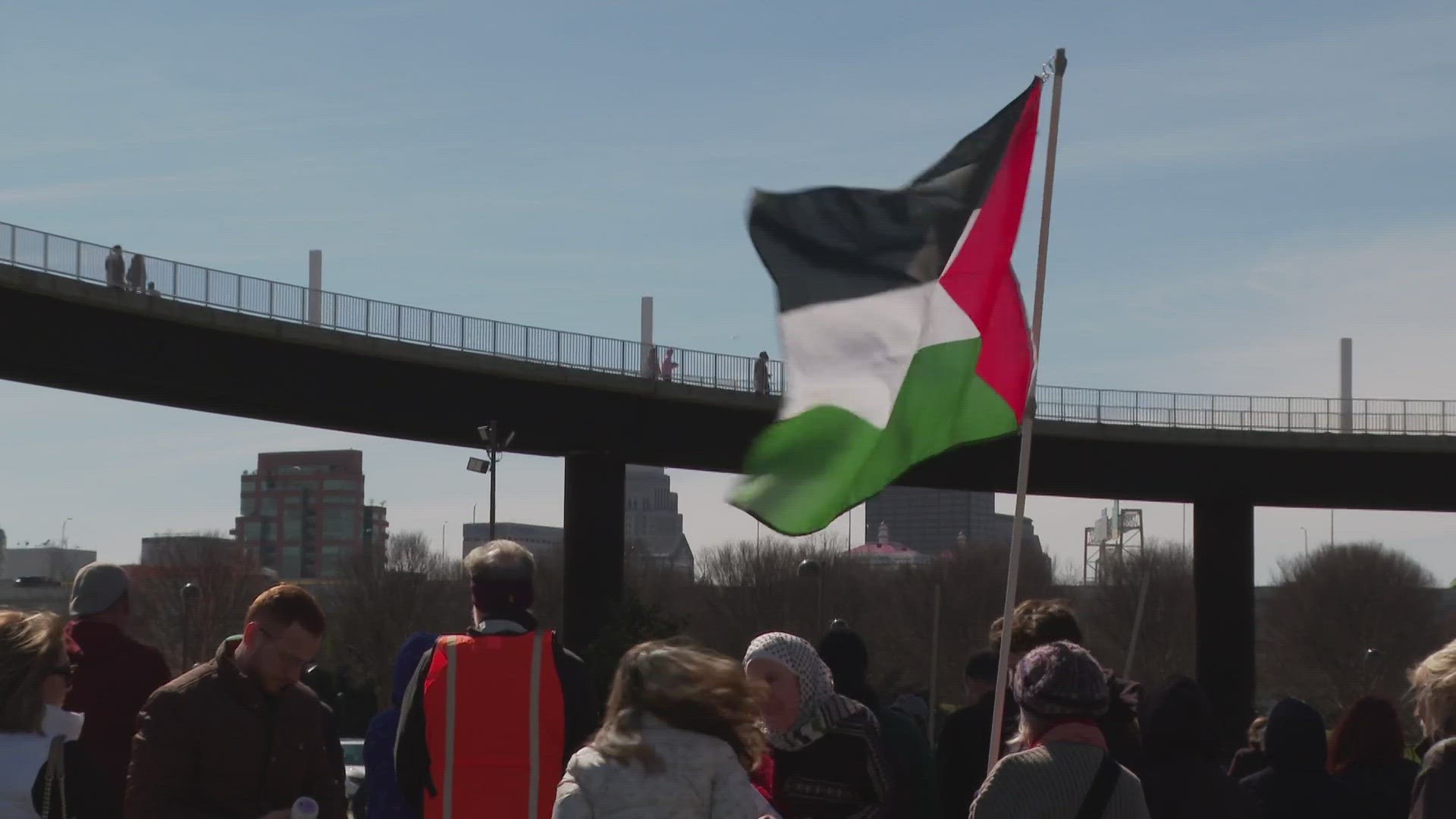 More than 100 people gathered in Waterfront Park on March 17, 2024 to call for a ceasefire and the killing of innocent people in Gaza.