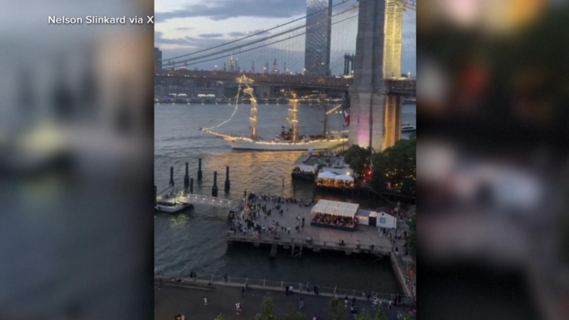 The ship known as the Cuauhtemoc was visiting New York on a global goodwill tour when the accident occurred Saturday evening.