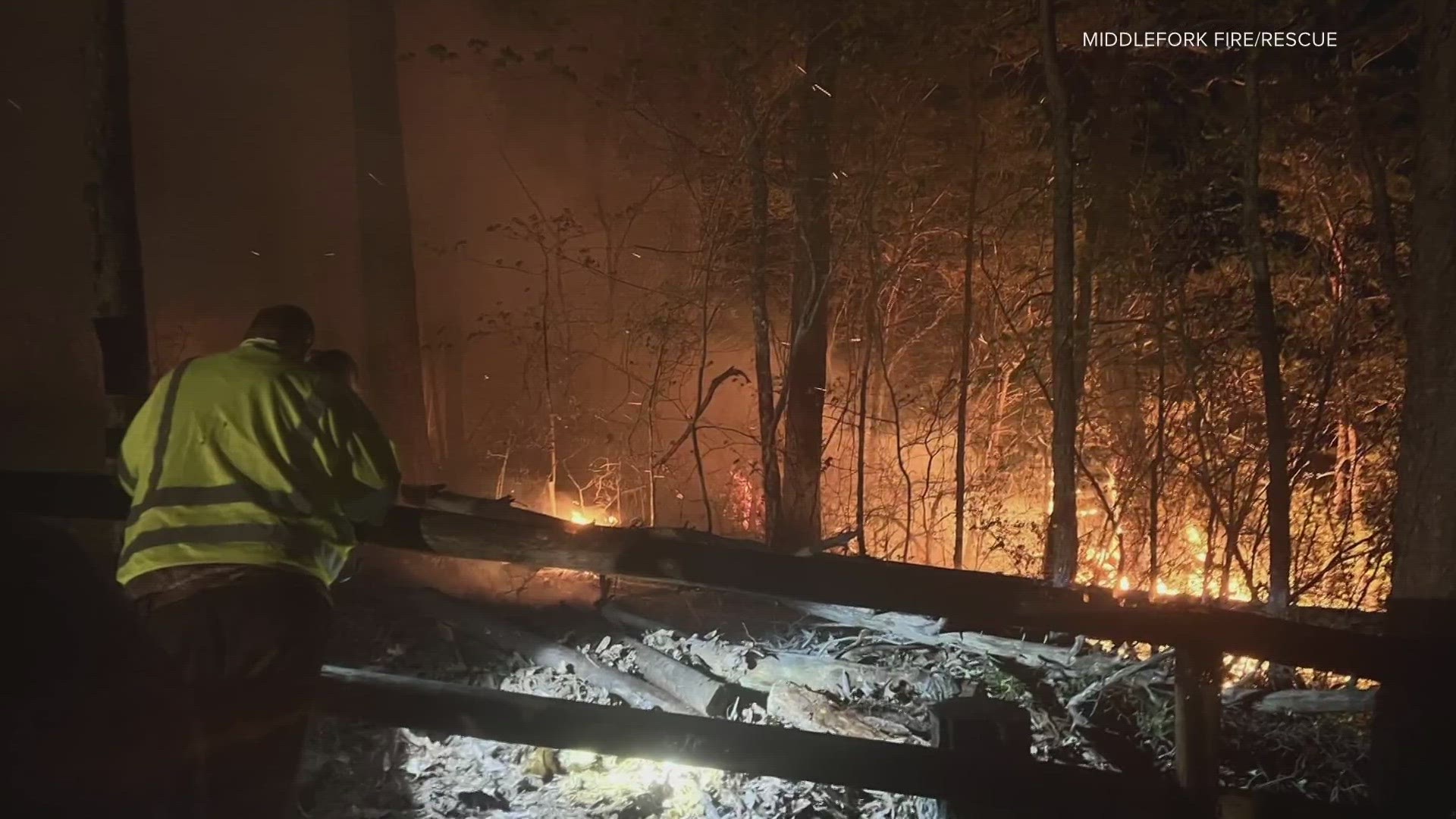 More than four dozen firefighters are battling the 5-acre blaze. Trails have been shut down at this time.