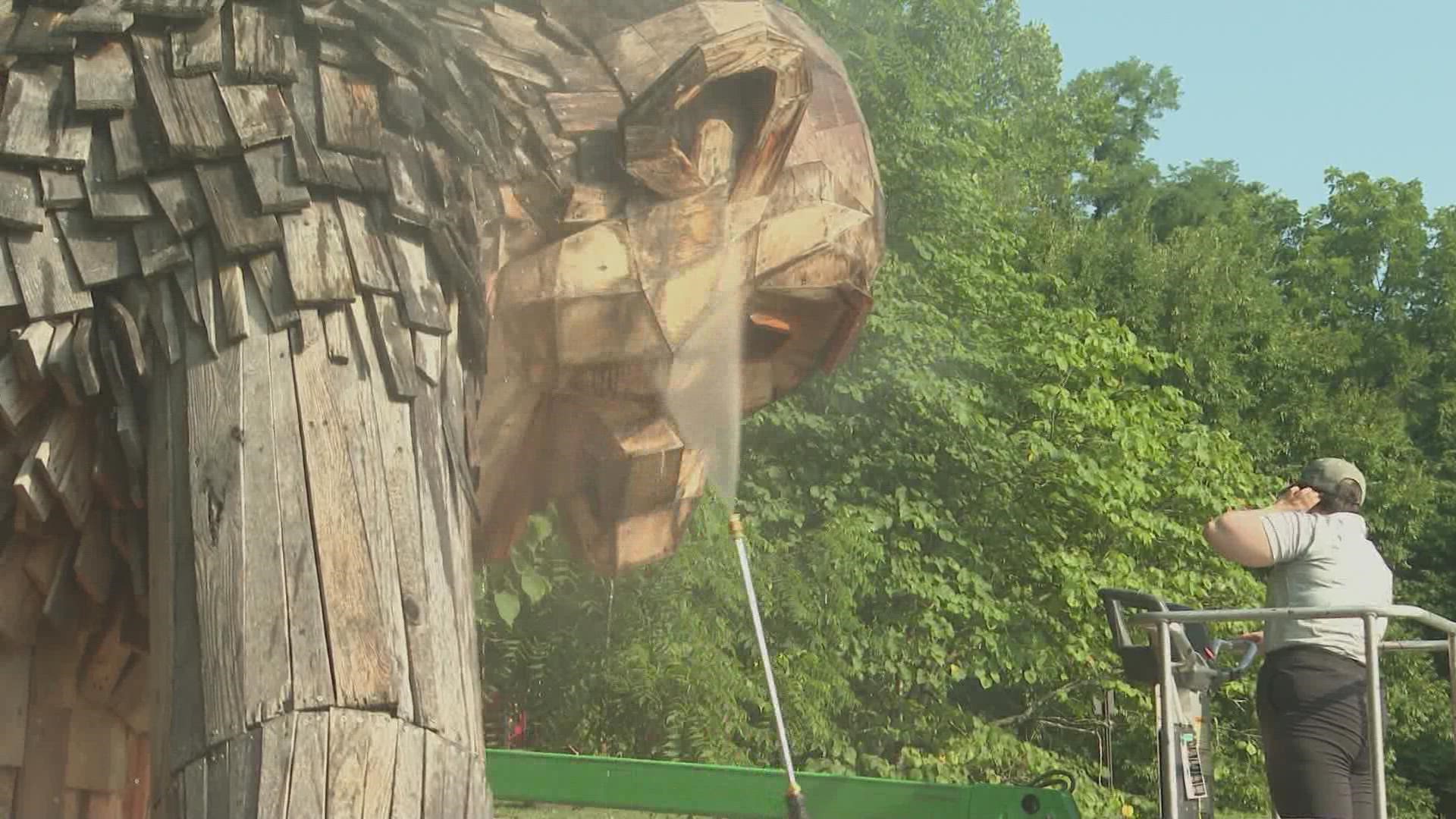 The Bernheim Giants are made of reclaimed wood, so that makes them susceptible to the elements and harsh weather.