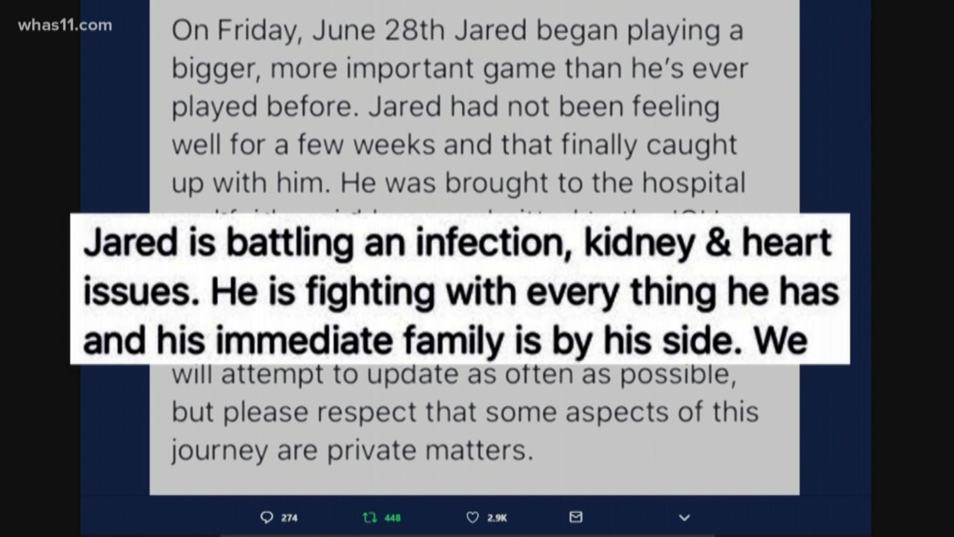 Former Kentucky quarterback Jared Lorenzen is battling an infection, kidney and heart issues.