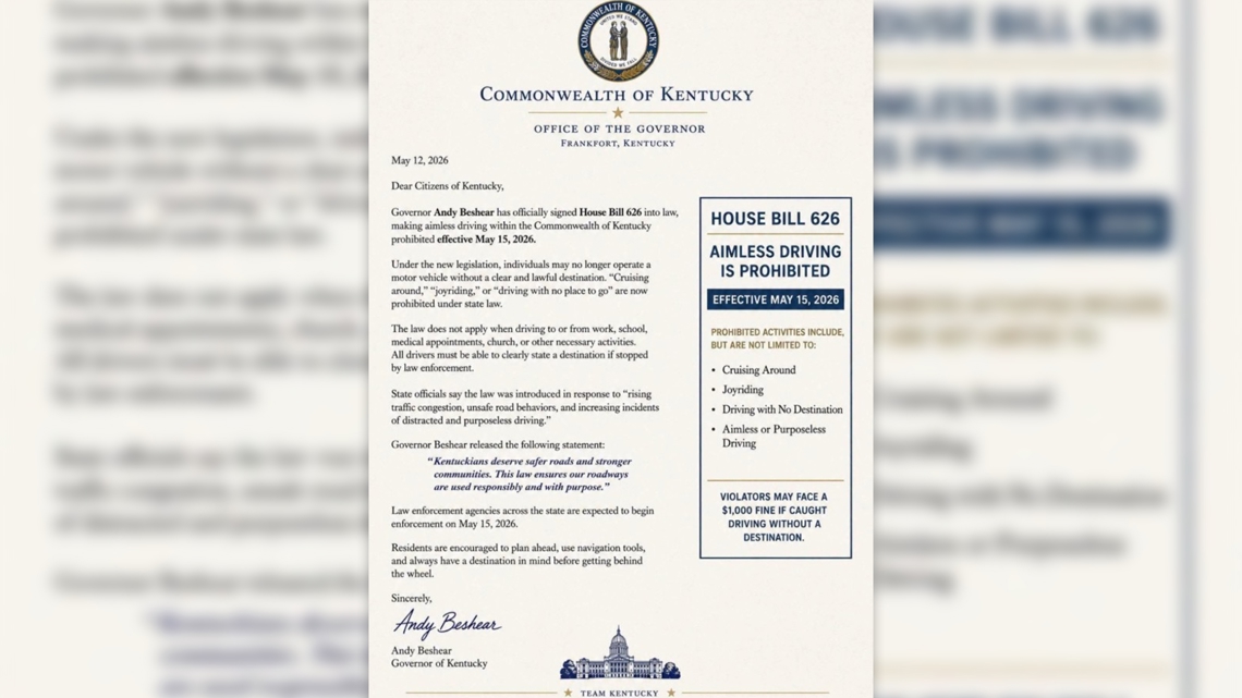 No, Kentucky Gov. Andy Beshear did not outlaw aimless driving