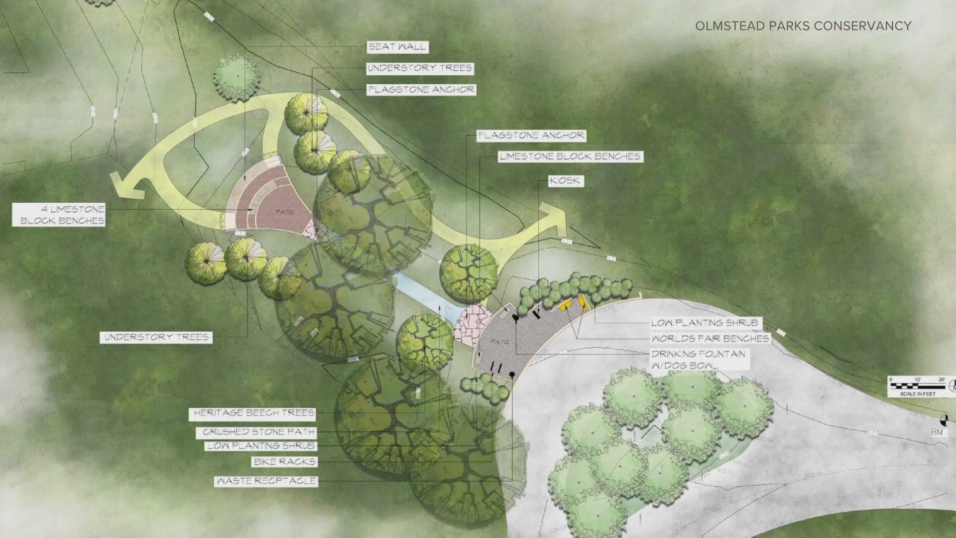The new landscape design includes a stone overlook that will enhance the scenic view and provide amenities for park users.