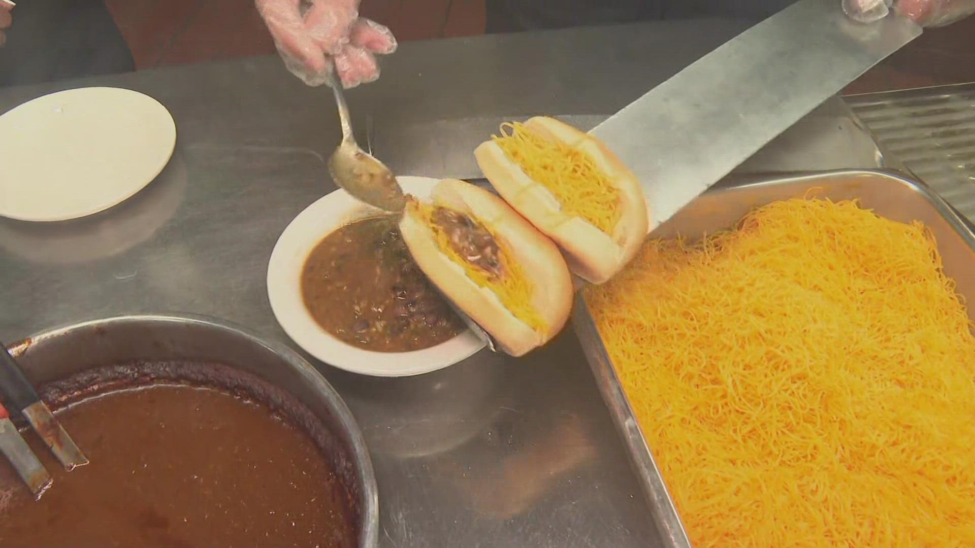 Skyline Chili has a special way to prepare their vegetarian chili dog option.