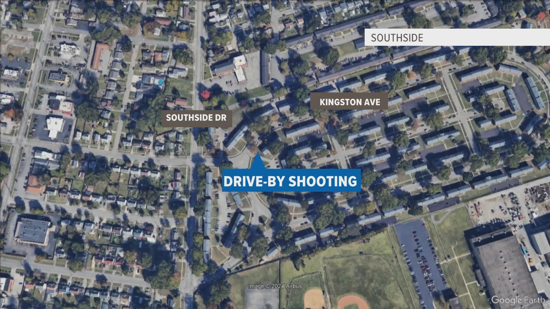 Police said a man and an 8-year-old were injured in an apparent drive-by shooting in the 100 block of Kingston Avenue Sunday night.