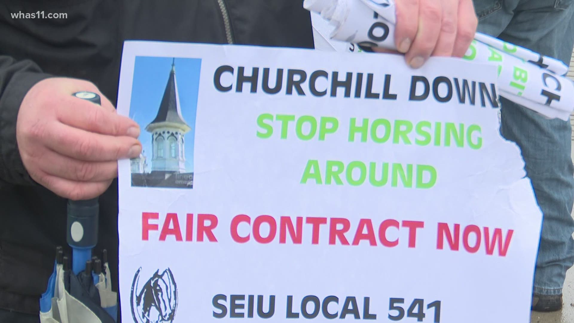 The valets gathered outside the racing facility to demand better wages after Churchill canceled negotiations last week.