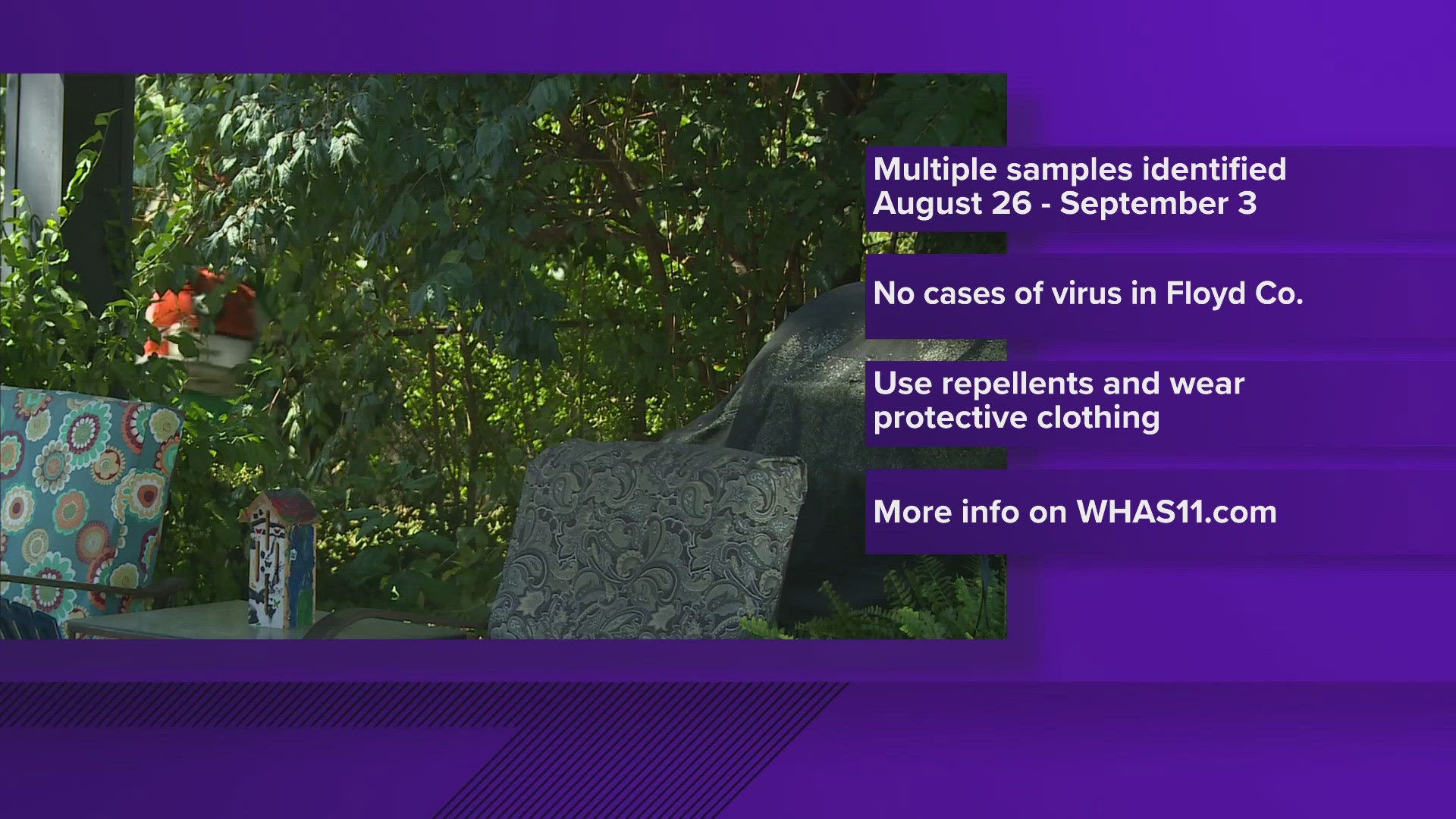 The Floyd County Health Department positively identified multiple mosquito samples from Aug. 26 through Sept. 3 which contained the virus.