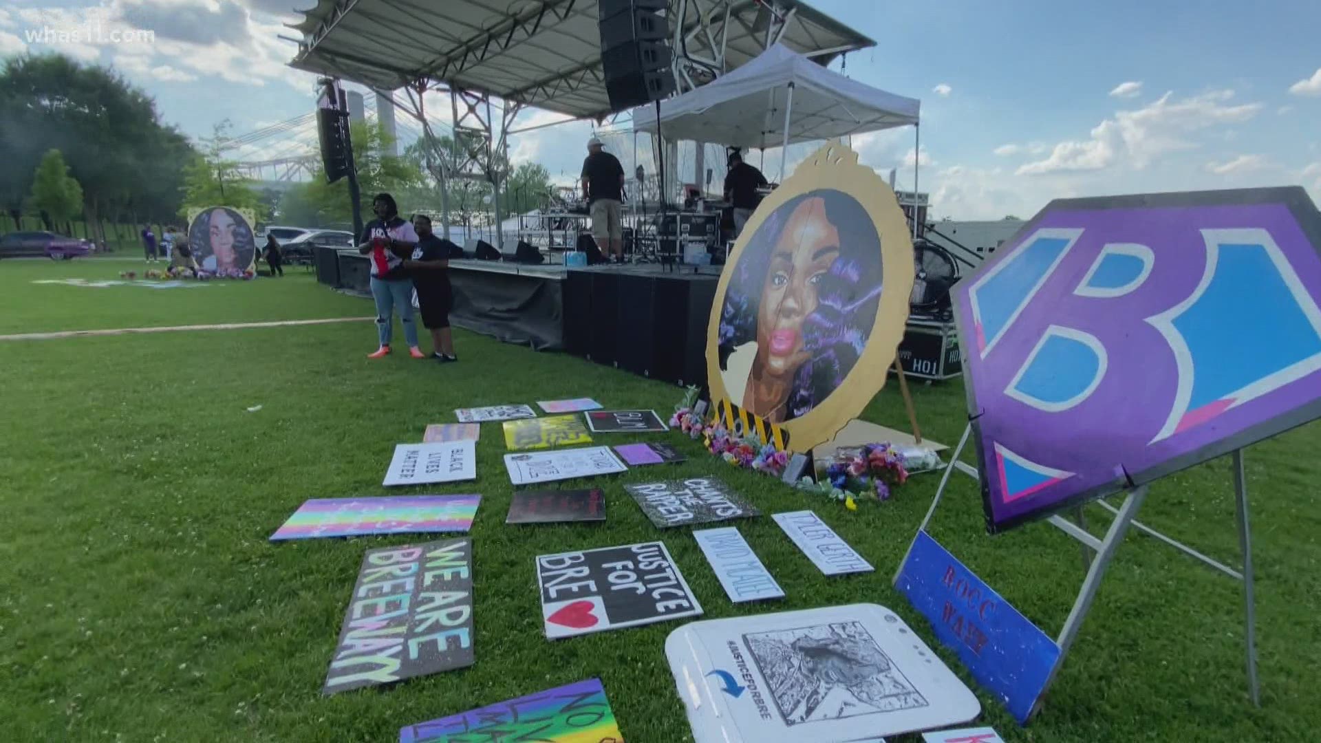 A crowd has gathered at the Big Four Lawn to celebrate what would have been Breonna Taylor's 28th birthday.