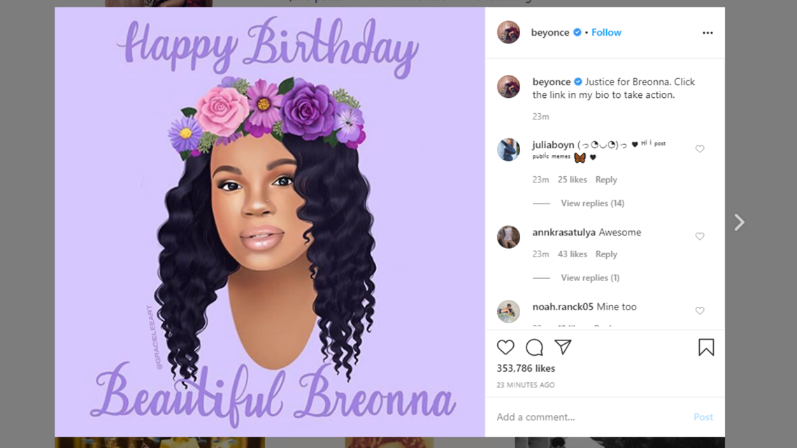 Breonna Taylor posts from Beyonce, Oprah, Cardi B