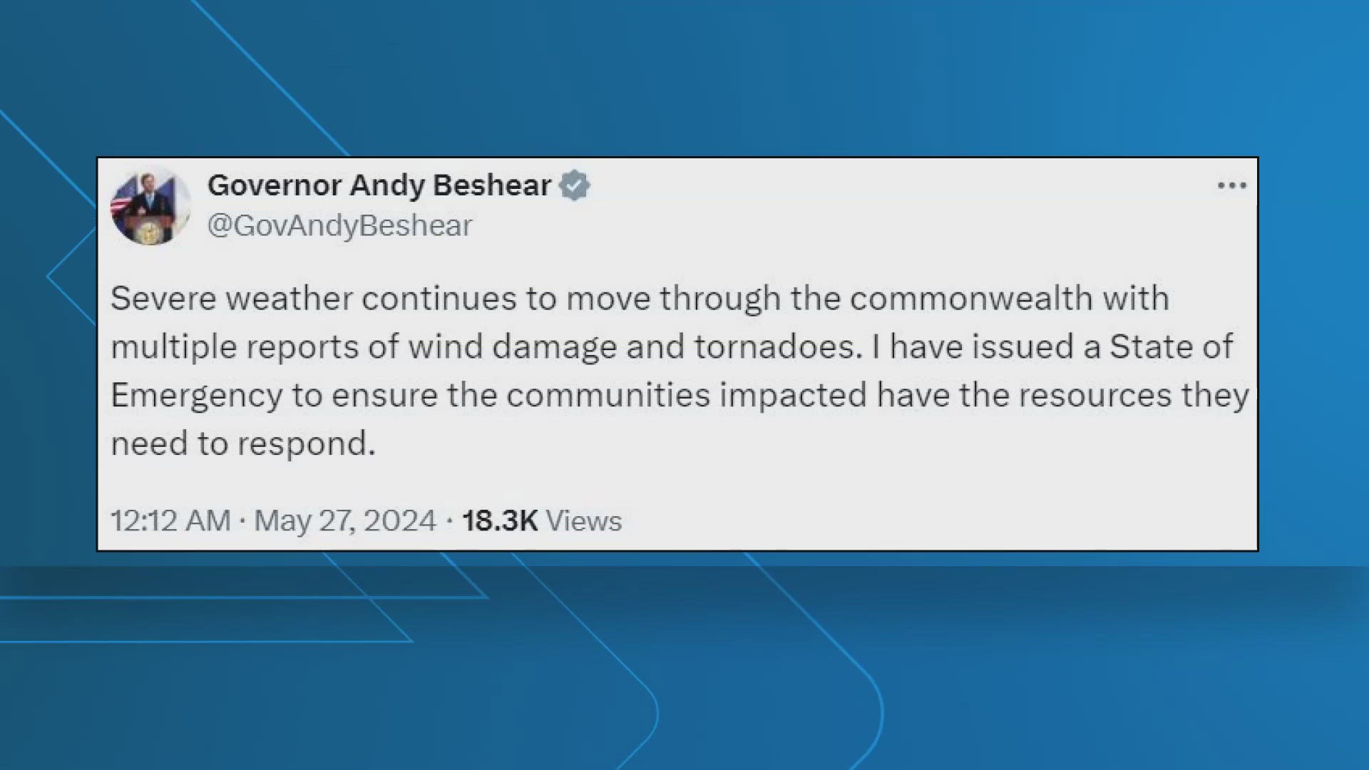 The Governor says the State of Emergency is to ensure communities most impacted by the severe weather Sunday gets the help they need.