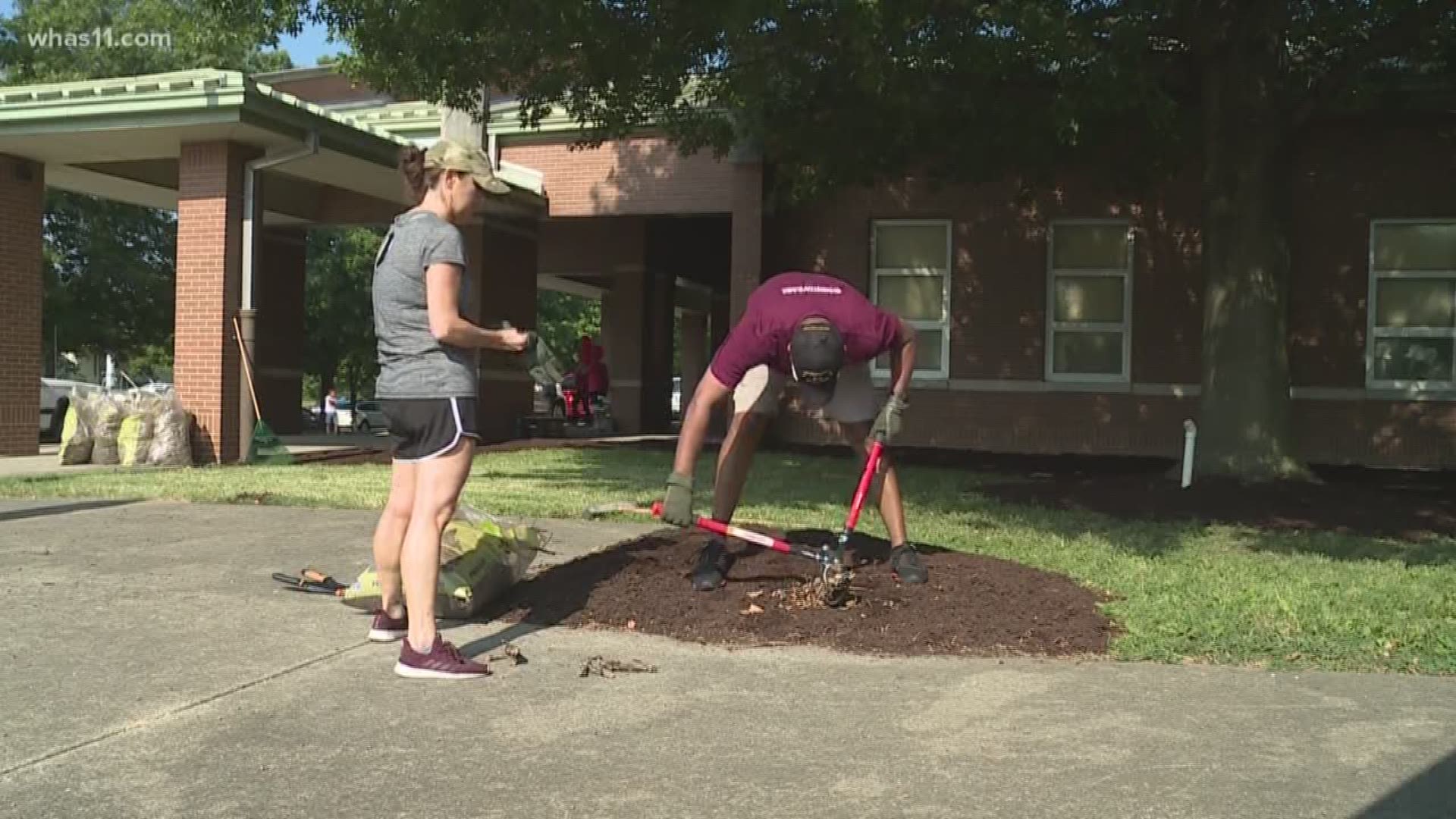 Volunteers from Northeast Christian Church help spruce up 35 different schools in Oldham and Jefferson County before classes begin for students.